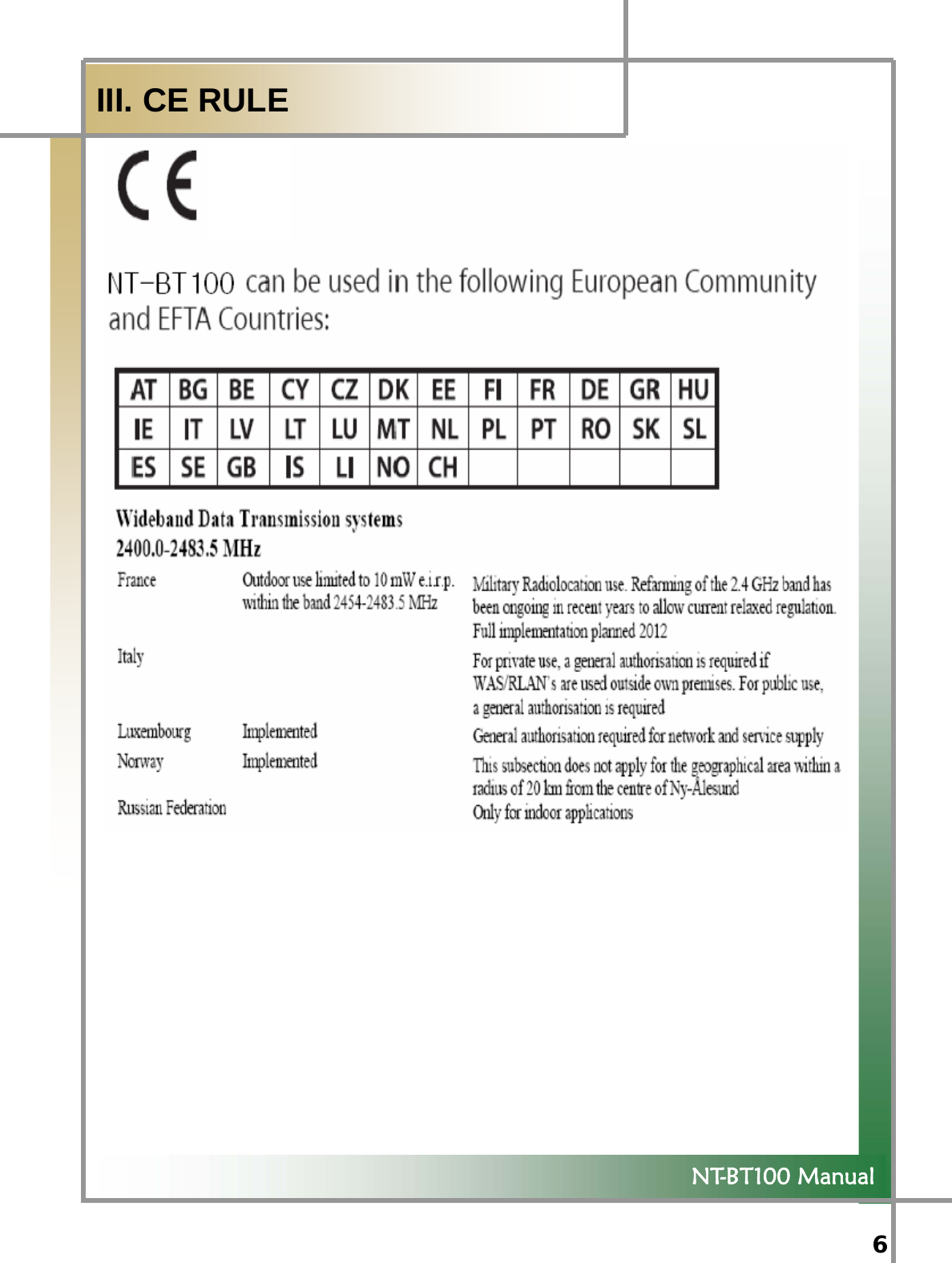  6   NT-BT100 Manual  III. CE RULE 