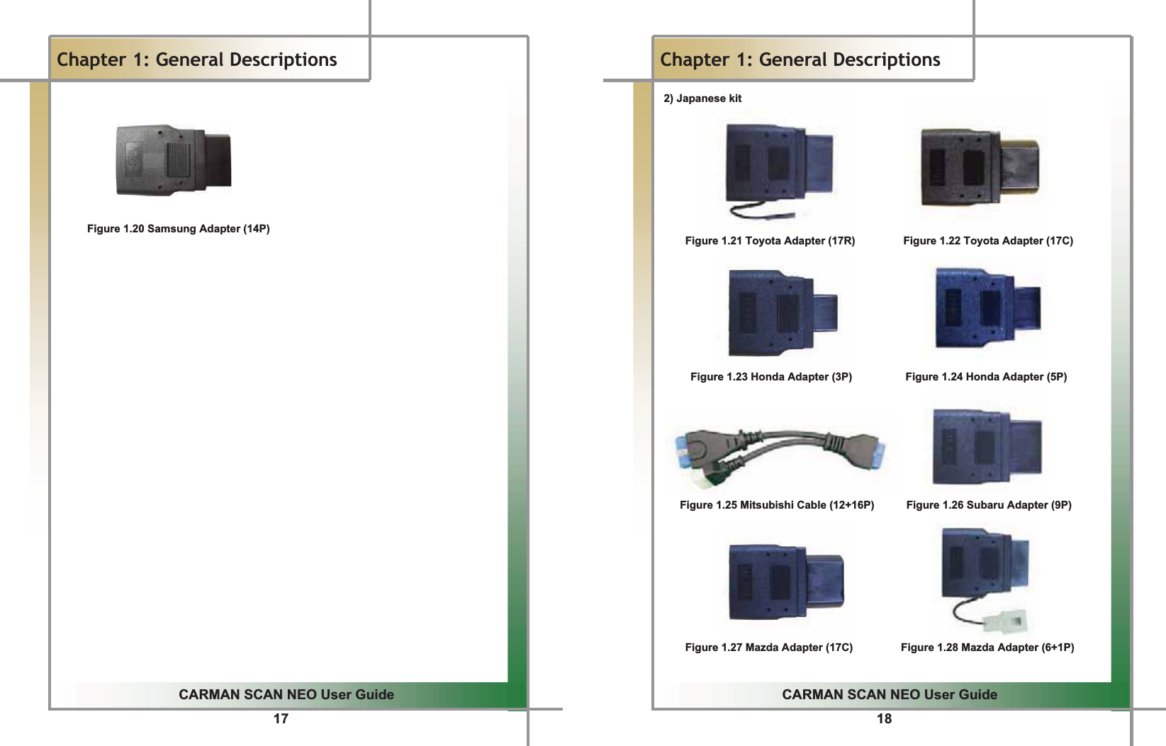 17GGCARMAN SCAN NEO User GuideGGChapter 1: General DescriptionsGGGGGGGGFigure 1.20 Samsung Adapter (14P)GGGGGGGG18GGCARMAN SCAN NEO User GuideGGChapter 1: General Descriptions2) Japanese kitGGGGGGGGFigure 1.21 Toyota Adapter (17R)         Figure 1.22 Toyota Adapter (17C)GGGGGGGGFigure 1.23 Honda Adapter (3P)          Figure 1.24 Honda Adapter (5P)GGGGGGGFigure 1.25 Mitsubishi Cable (12+16P)            Figure 1.26 Subaru Adapter (9P)GG G G G GGGGGGGFigure 1.27 Mazda Adapter (17C)         Figure 1.28 Mazda Adapter (6+1P)GG