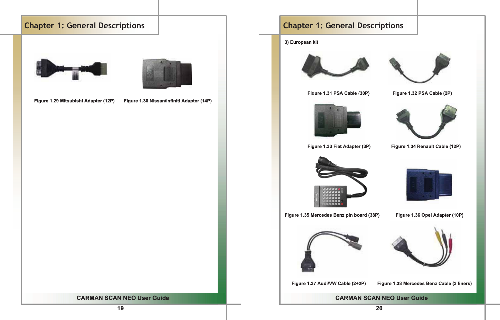 19GGCARMAN SCAN NEO User GuideGGChapter 1: General DescriptionsGGGGGGGGFigure 1.29 Mitsubishi Adapter (12P)        Figure 1.30 Nissan/Infiniti Adapter (14P)GGGGGGGGGG G20GGCARMAN SCAN NEO User GuideGGChapter 1: General Descriptions3) European kitGGGGGGGFigure 1.31 PSA Cable (30P)          Figure 1.32 PSA Cable (2P)GGGGGGGFigure 1.33 Fiat Adapter (3P)         Figure 1.34 Renault Cable (12P)GGGGGGGGGFigure 1.35 Mercedes Benz pin board (38P)              Figure 1.36 Opel Adapter (10P)GGGGGGGGGFigure 1.37 Audi/VW Cable (2+2P)          Figure 1.38 Mercedes Benz Cable (3 liners)G