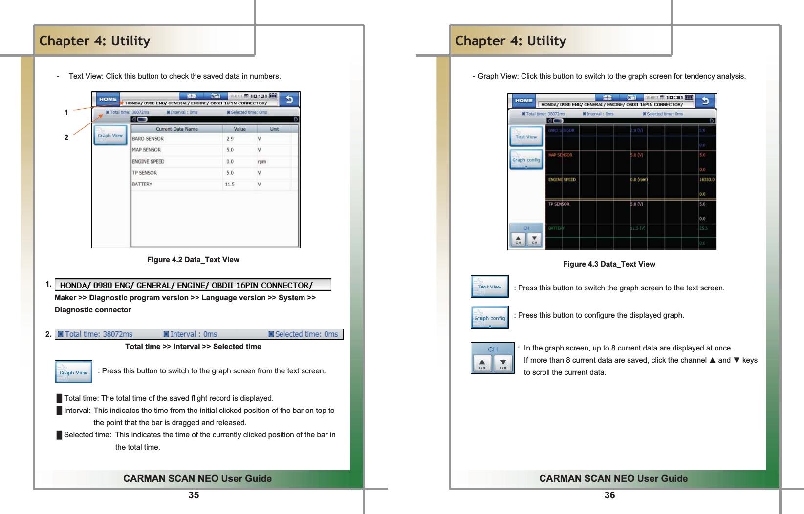 35GGCARMAN SCAN NEO User GuideGGChapter 4: UtilityG-  Text View: Click this button to check the saved data in numbers.GGGGGGGGGGGGGGGGGGGGGGGGGG1GGGGGGG2GGGGGGGGGFigure 4.2 Data_Text ViewGGG1.Maker &gt;&gt; Diagnostic program version &gt;&gt; Language version &gt;&gt; System &gt;&gt; Diagnostic connector   2.Total time &gt;&gt; Interval &gt;&gt; Selected time                                : Press this button to switch to the graph screen from the text screen.          Ű Total time: The total time of the saved flight record is displayed.         Ű Interval: This indicates the time from the initial clicked position of the bar on top to the point that the bar is dragged and released. Ű Selected time:  This indicates the time of the currently clicked position of the bar in the total time. G36GGCARMAN SCAN NEO User GuideGGChapter 4: UtilityGG-GGraph View: Click this button to switch to the graph screen for tendency analysis.GGGGGGGGGGGGGGGFigure 4.3 Data_Text ViewGGGGGGGGGGGGGGGGG: Press this button to switch the graph screen to the text screen.GGGGGGGGGGGGGGGGG: Press this button to configure the displayed graph.GGGGGGGGGGGGGGGGGGG:  In the graph screen, up to 8 current data are displayed at once.   If more than 8 current data are saved, click the channel Ÿ and ź keys to scroll the current data.  GGGGGGGGGGGGGGGGGGGGGGGGGGGGGGGGGGG