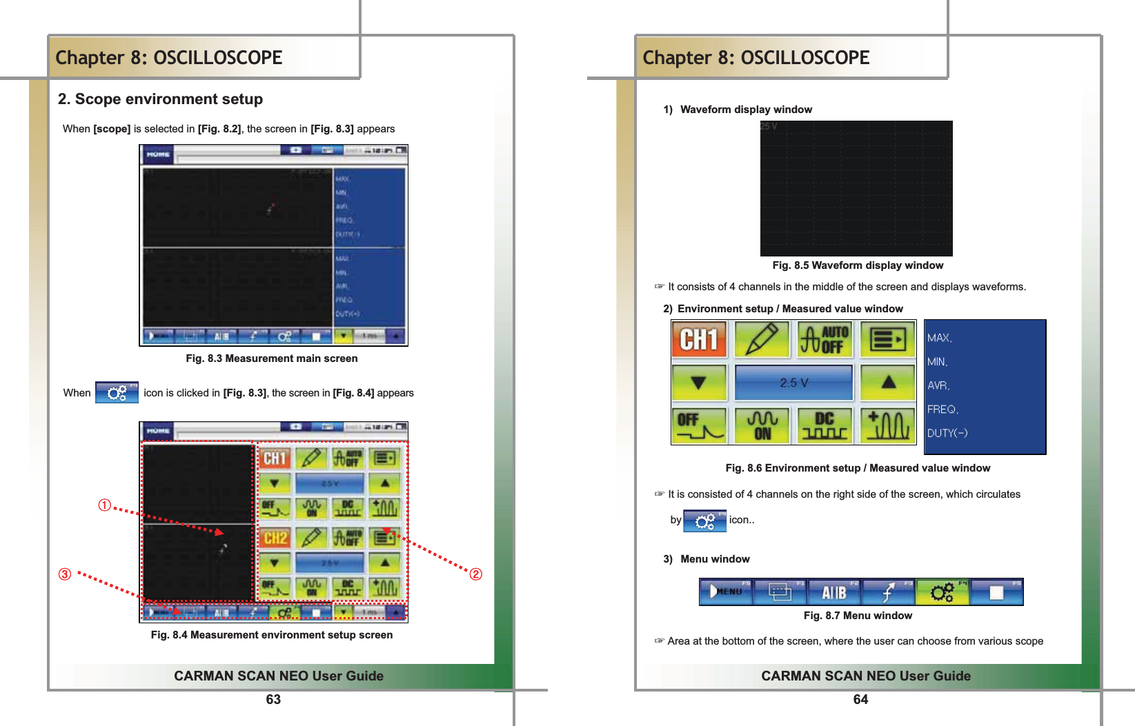 63GGCARMAN SCAN NEO User GuideGGChapter 8: OSCILLOSCOPE 2. Scope environment setup When [scope] is selected in [Fig. 8.2], the screen in [Fig. 8.3] appears             Fig. 8.3 Measurement main screen  When          icon is clicked in [Fig. 8.3], the screen in [Fig. 8.4] appears           ྙ  ྛ                                                                          ྚ                     Fig. 8.3 Measurement main screenྛ Fig. 8.4 Measurement environment setup screen  64GGCARMAN SCAN NEO User GuideGGChapter 8: OSCILLOSCOPE  1)  Waveform display window Fig. 8.5 Waveform display window ත It consists of 4 channels in the middle of the screen and displays waveforms. 2)  Environment setup / Measured value window Fig. 8.6 Environment setup / Measured value window ත It is consisted of 4 channels on the right side of the screen, which circulates   by         icon.. 3) Menu window Fig. 8.7 Menu window ත Area at the bottom of the screen, where the user can choose from various scope   