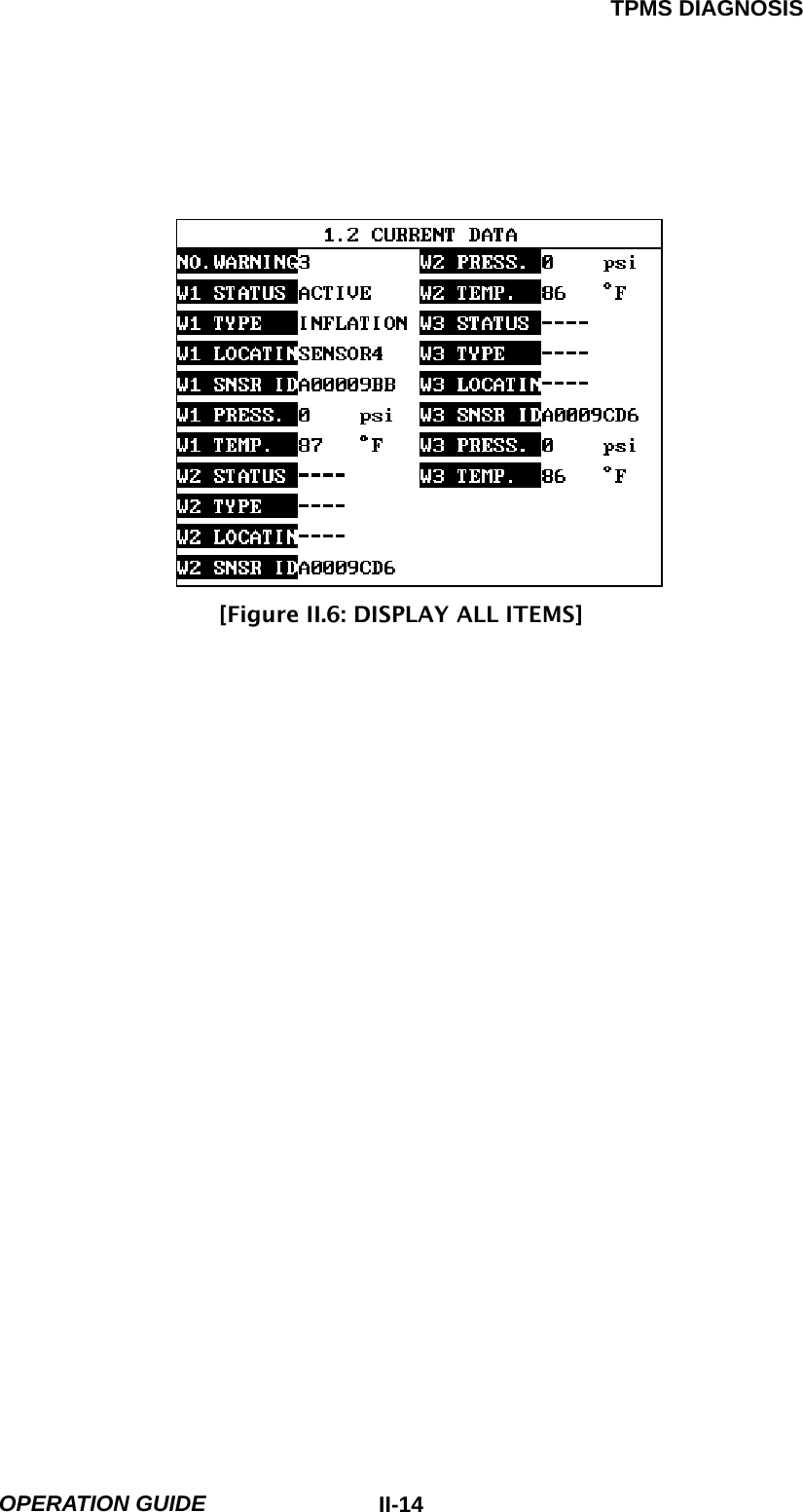 TPMS DIAGNOSIS  OPERATION GUIDE  II-14              [Figure II.6: DISPLAY ALL ITEMS]                       