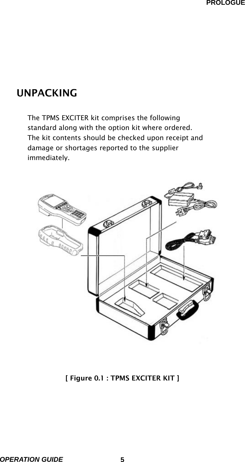 PROLOGUE OPERATION GUIDE                            5         UNPACKING  The TPMS EXCITER kit comprises the following standard along with the option kit where ordered. The kit contents should be checked upon receipt and damage or shortages reported to the supplier immediately.                      [ Figure 0.1 : TPMS EXCITER KIT ]     