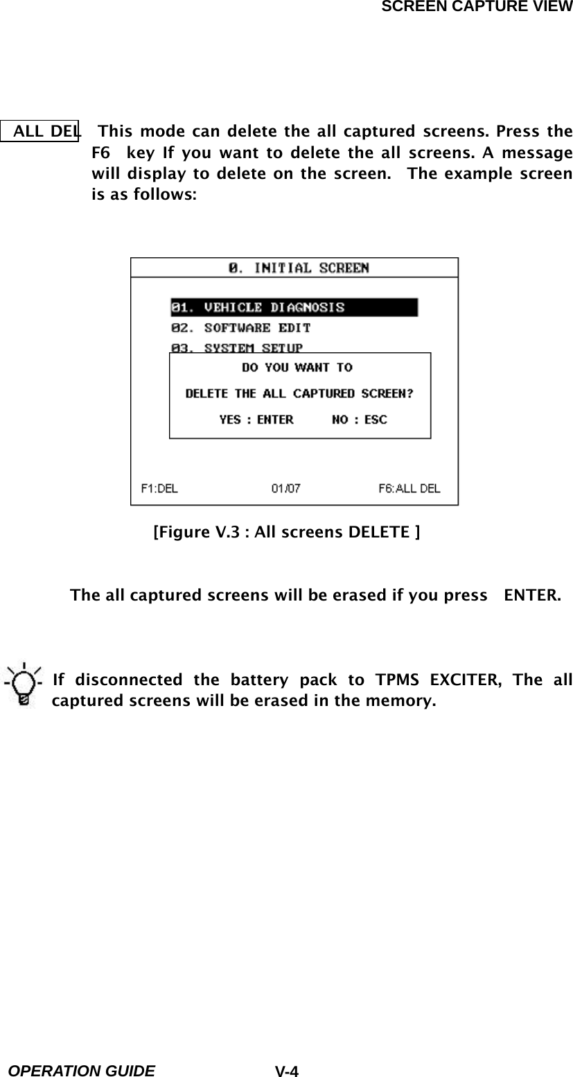 SCREEN CAPTURE VIEW  OPERATION GUIDE  V-4 ALL DEL  This mode can delete the all captured screens. Press the  F6  key If you want to delete the all screens. A message will display to delete on the screen.  The example screen is as follows:                [Figure V.3 : All screens DELETE ]         The all captured screens will be erased if you press    ENTER.                   If disconnected the battery pack to TPMS EXCITER, The all captured screens will be erased in the memory.              