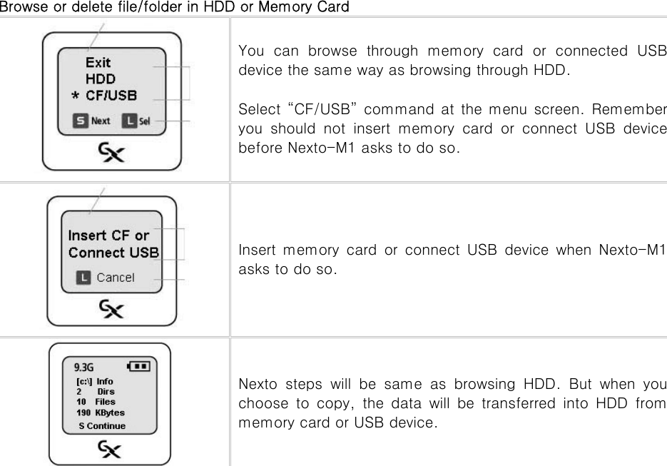 Browse or delete file/folder in HDD or Memory Card  You  can  browse  through  memory  card  or  connected  USB device the same way as browsing through HDD.  Select “CF/USB”  command at the menu  screen.  Remember you  should  not  insert  memory  card  or  connect  USB  device before Nexto-M1 asks to do so.    Insert  memory  card  or  connect  USB  device  when  Nexto-M1 asks to do so.    Nexto  steps  will  be  same  as  browsing  HDD.  But  when  you choose to copy, the data will be transferred into HDD from memory card or USB device.    