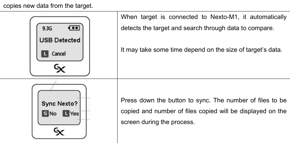 copies new data from the target.  When  target  is  connected  to  Nexto-M1,  it  automatically detects the target and search through data to compare.    It may take some time depend on the size of target’s data.  Press down  the button  to sync.  The number  of  files  to  be copied and number of files copied will be displayed on the screen during the process.  