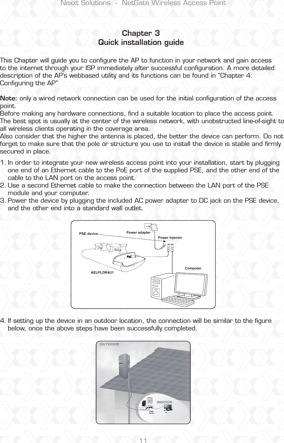 Nexxt Solutions  -  NetGate Wireless Access Point11In order to integrate your new wireless access point into your installation, start by plugging one end of an Ethernet cable to the PoE port of the supplied PSE, and the other end of the cable to the LAN port on the access point.Use a second Ethernet cable to make the connection between the LAN port of the PSE module and your computer.Power the device by plugging the included AC power adapter to DC jack on the PSE device, and the other end into a standard wall outlet.If setting up the device in an outdoor location, the connection will be similar to the ﬁgure below, once the above steps have been successfully completed.1.2.3.4.Chapter 3Quick installation guideThis Chapter will guide you to conﬁgure the AP to function in your network and gain accessto the internet through your ISP immediately after successful conﬁguration. A more detailed description of the AP’s webbased utility and its functions can be found in “Chapter 4: Conﬁguring the AP”Note: only a wired network connection can be used for the initial conﬁguration of the accesspoint.Before making any hardware connections, ﬁnd a suitable location to place the access point. The best spot is usually at the center of the wireless network, with unobstructed line-of-sight to all wireless clients operating in the coverage area.Also consider that the higher the antenna is placed, the better the device can perform. Do notforget to make sure that the pole or structure you use to install the device is stable and ﬁrmlysecured in place.Power adapterPower InjectorComputerAELPLDR4U1PSE device