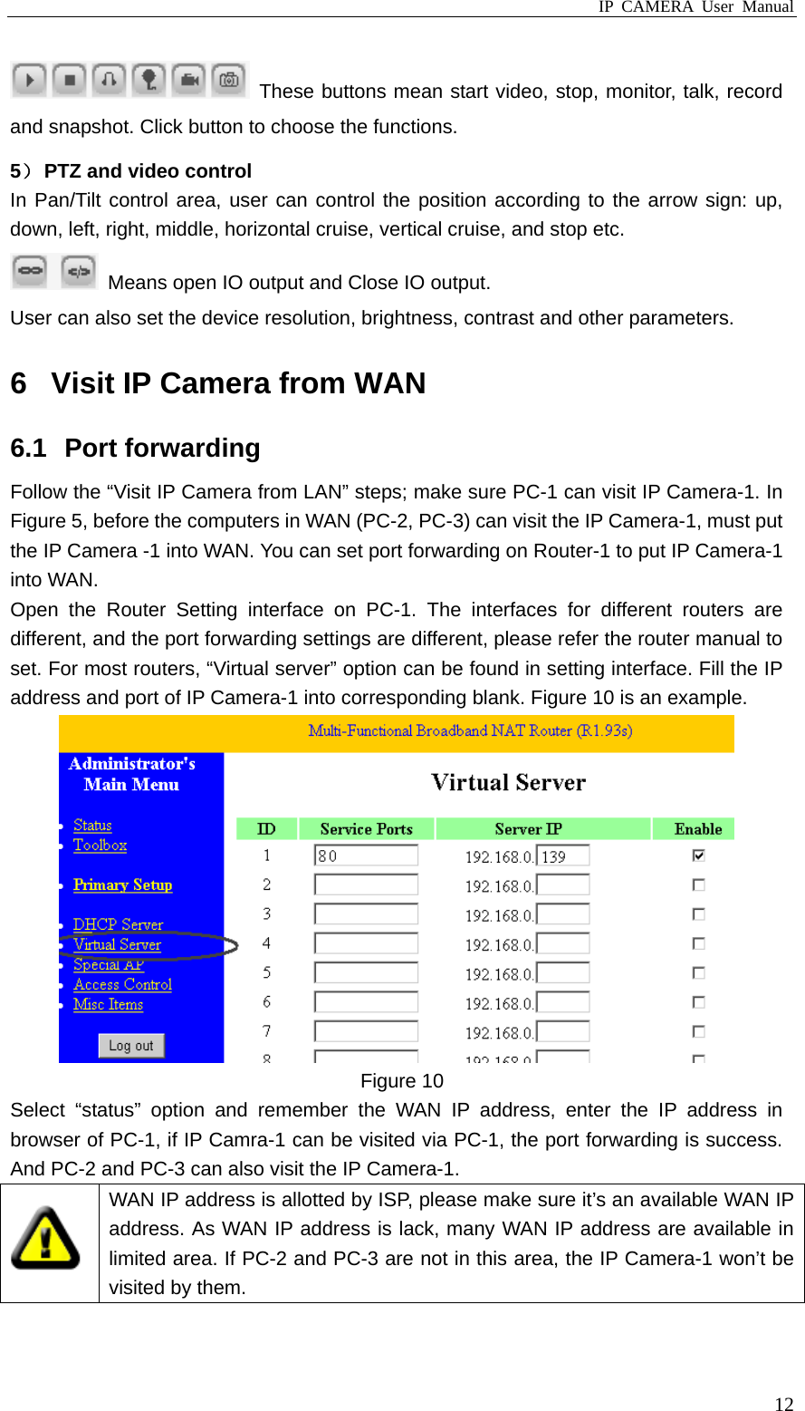 IP CAMERA User Manual  12 These buttons mean start video, stop, monitor, talk, record and snapshot. Click button to choose the functions. 5） PTZ and video control In Pan/Tilt control area, user can control the position according to the arrow sign: up, down, left, right, middle, horizontal cruise, vertical cruise, and stop etc.   Means open IO output and Close IO output. User can also set the device resolution, brightness, contrast and other parameters. 6  Visit IP Camera from WAN 6.1 Port forwarding Follow the “Visit IP Camera from LAN” steps; make sure PC-1 can visit IP Camera-1. In Figure 5, before the computers in WAN (PC-2, PC-3) can visit the IP Camera-1, must put the IP Camera -1 into WAN. You can set port forwarding on Router-1 to put IP Camera-1 into WAN. Open the Router Setting interface on PC-1. The interfaces for different routers are different, and the port forwarding settings are different, please refer the router manual to set. For most routers, “Virtual server” option can be found in setting interface. Fill the IP address and port of IP Camera-1 into corresponding blank. Figure 10 is an example.  Figure 10 Select “status” option and remember the WAN IP address, enter the IP address in browser of PC-1, if IP Camra-1 can be visited via PC-1, the port forwarding is success. And PC-2 and PC-3 can also visit the IP Camera-1.  WAN IP address is allotted by ISP, please make sure it’s an available WAN IP address. As WAN IP address is lack, many WAN IP address are available in limited area. If PC-2 and PC-3 are not in this area, the IP Camera-1 won’t be visited by them.  