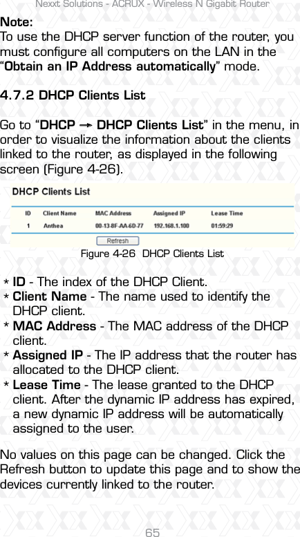 Nexxt Solutions - ACRUX - Wireless N Gigabit Router65Note:To use the DHCP server function of the router, you must conﬁgure all computers on the LAN in the “Obtain an IP Address automatically” mode.4.7.2 DHCP Clients ListGo to “DHCP     DHCP Clients List” in the menu, in order to visualize the information about the clients linked to the router, as displayed in the following screen (Figure 4-26).No values on this page can be changed. Click the Refresh button to update this page and to show the devices currently linked to the router. Figure 4-26  DHCP Clients ListID - The index of the DHCP Client. Client Name - The name used to identify the DHCP client. MAC Address - The MAC address of the DHCP client. Assigned IP - The IP address that the router has allocated to the DHCP client.Lease Time - The lease granted to the DHCP client. After the dynamic IP address has expired, a new dynamic IP address will be automatically assigned to the user.*****