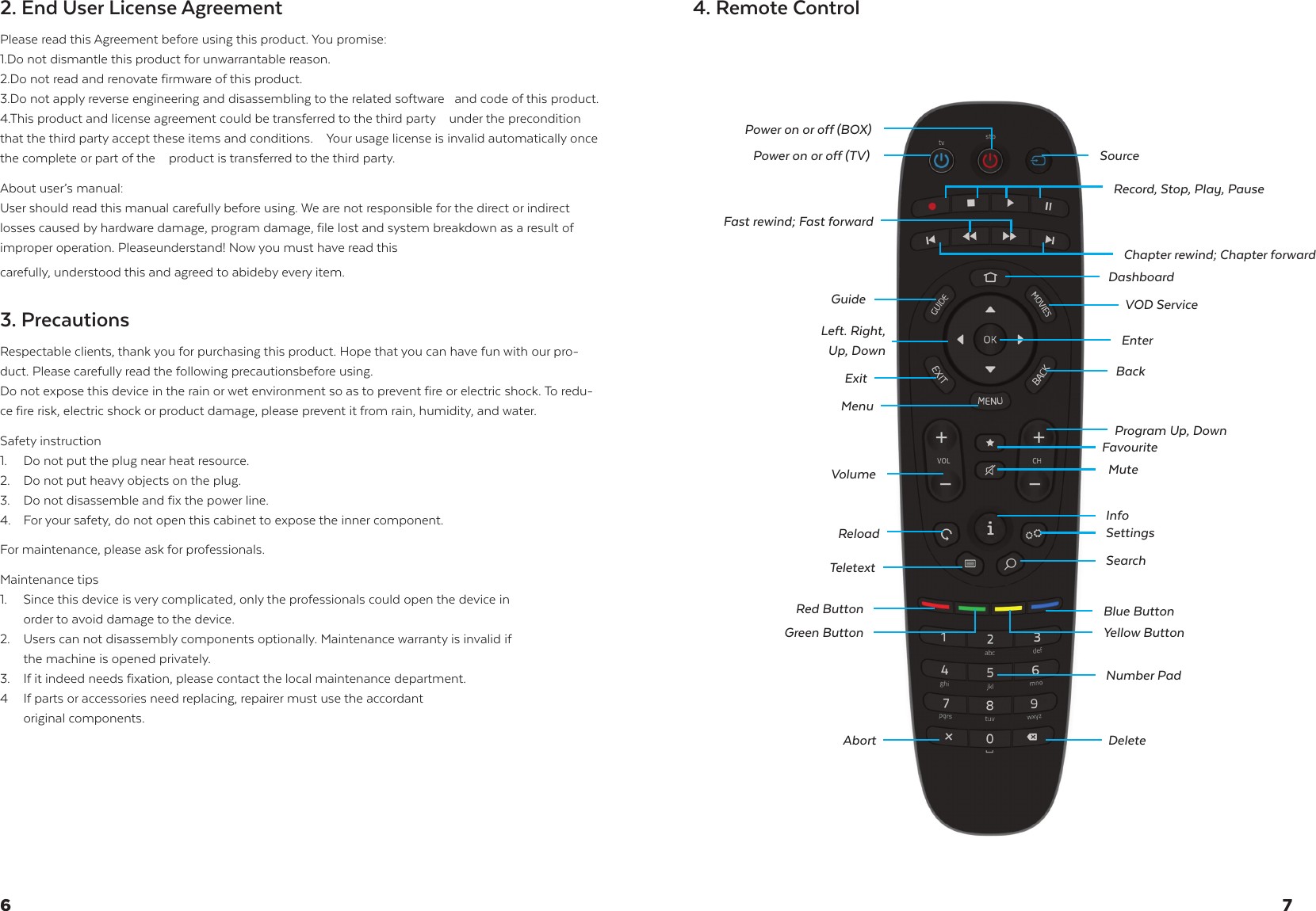 2. End User License Agreement Please read this Agreement before using this product. You promise: 1.Do not dismantle this product for unwarrantable reason. 2.Do not read and renovate firmware of this product.3.Do not apply reverse engineering and disassembling to the related software   and code of this product.4.This product and license agreement could be transferred to the third party    under the precondition that the third party accept these items and conditions.    Your usage license is invalid automatically once the complete or part of the    product is transferred to the third party. About user&rsquo;s manual:User should read this manual carefully before using. We are not responsible for the direct or indirect losses caused by hardware damage, program damage, file lost and system breakdown as a result of improper operation. Pleaseunderstand! Now you must have read this carefully, understood this and agreed to abideby every item.3. Precautions Respectable clients, thank you for purchasing this product. Hope that you can have fun with our pro-duct. Please carefully read the following precautionsbefore using. Do not expose this device in the rain or wet environment so as to prevent fire or electric shock. To redu-ce fire risk, electric shock or product damage, please prevent it from rain, humidity, and water. Safety instruction 1.  Do not put the plug near heat resource.2.  Do not put heavy objects on the plug.3.  Do not disassemble and fix the power line.4.  For your safety, do not open this cabinet to expose the inner component.    For maintenance, please ask for professionals.  Maintenance tips 1.  Since this device is very complicated, only the professionals could open the device in    order to avoid damage to the device.2.  Users can not disassembly components optionally. Maintenance warranty is invalid if    the machine is opened privately. 3.  If it indeed needs fixation, please contact the local maintenance department. 4  If parts or accessories need replacing, repairer must use the accordant   original components.4. Remote Control76Power on or off (TV)Power on or off (BOX)Left. Right,  Up, DownVolumeExitGuideBackProgram Up, DownFavouriteMuteReloadNumber PadInfoSettingsSearchDeleteAbortTeletextFast rewind; Fast forwardMenuDashboardVOD ServiceChapter rewind; Chapter forwardRecord, Stop, Play, PauseEnterBlue ButtonYellow ButtonRed ButtonGreen ButtonSource
