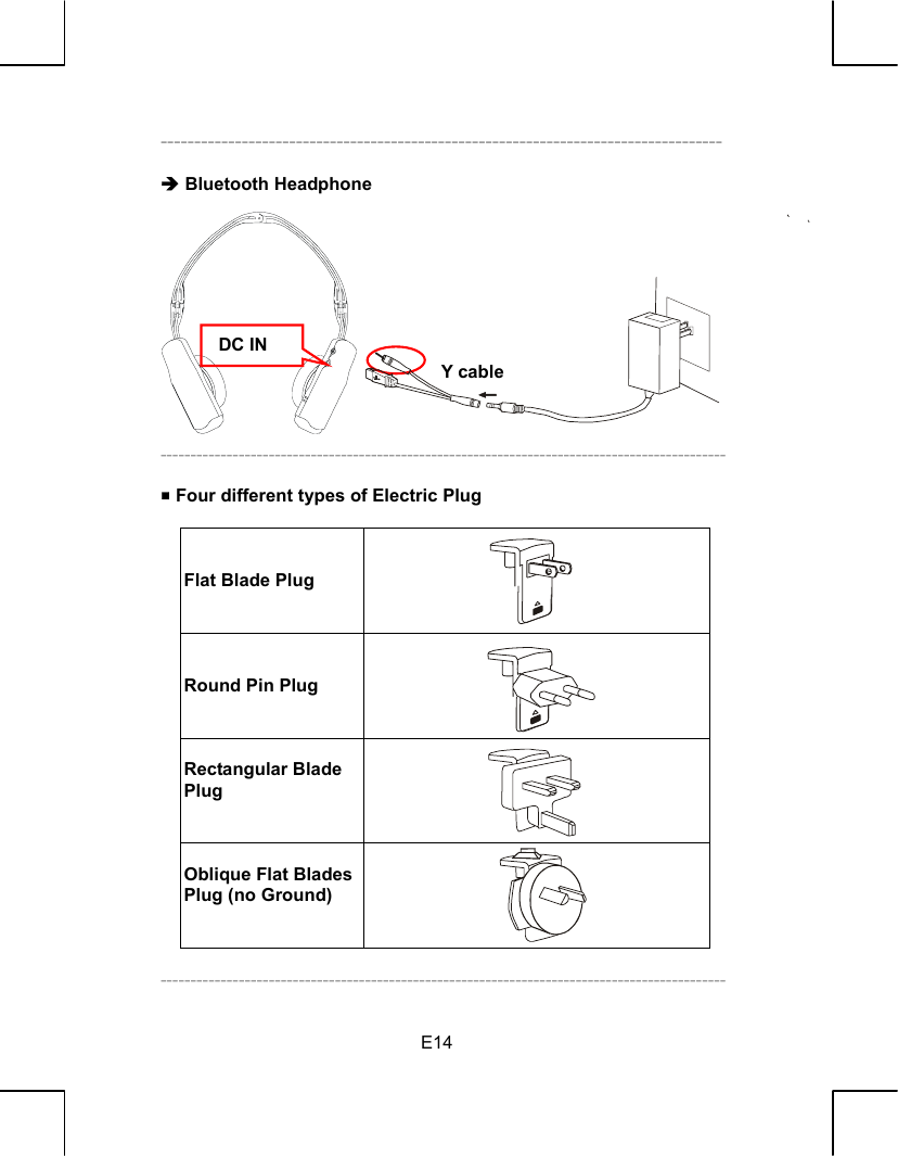   E14-----------------------------------------------------------------------------------  Î Bluetooth Headphone             ----------------------------------------------------------------------------------------------   Four different types of Electric Plug      Flat Blade Plug      Round Pin Plug     Rectangular Blade Plug     Oblique Flat Blades Plug (no Ground)     ----------------------------------------------------------------------------------------------  DC IN Y cable 