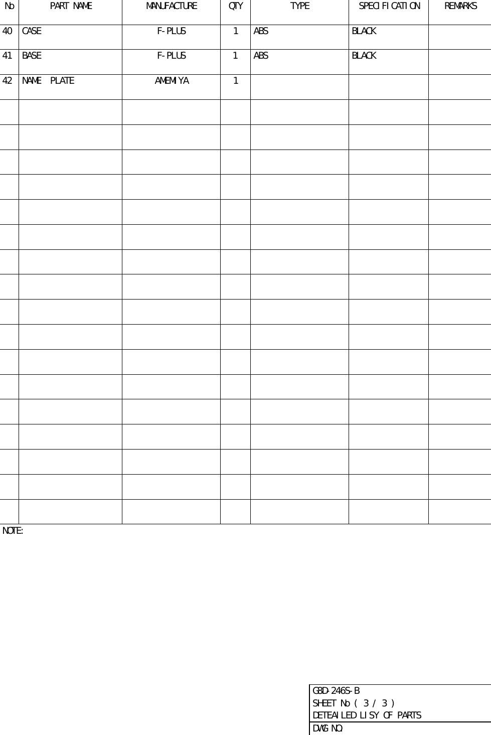  No PART NAME  MANUFACTURE  QTY TYPE  SPECIFICATION  REMARKS               40 CASE  F-PLUS  1  ABS  BLACK                 41 BASE  F-PLUS    1  ABS  BLACK                 42 NAME  PLATE  AMEMIYA  1                                                                                                                                                                                                                                                                                                                                                                                                                                                                      NOTE:       G8D-246S-B  SHEET No ( 3 / 3 )   DETEAILED LISY OF PARTS   DWG NO.  