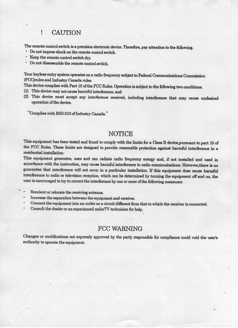 Keyless Entry System (Transmitter) User Manual