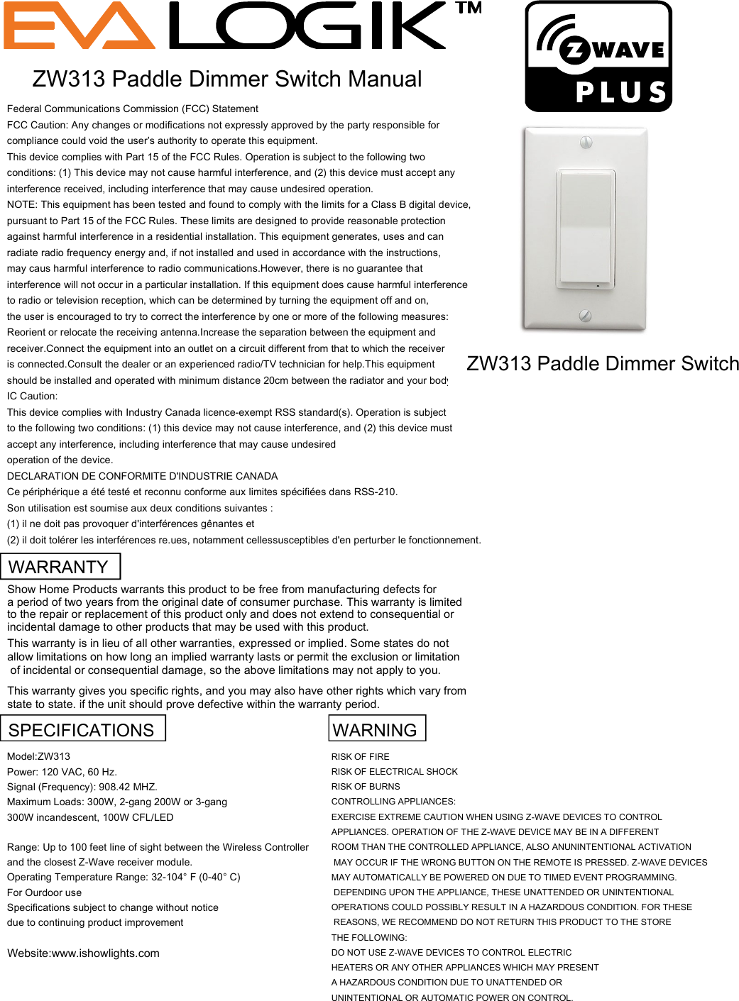 Page 1 of NIE TECH ZW313 Smart Dimmer User Manual Evalogik ZW313 Manual 180628