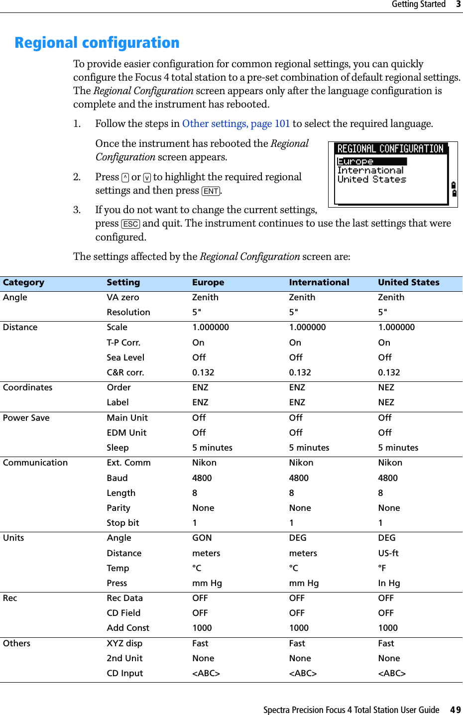 Spectra Precision Focus 4 Total Station User Guide     49Getting Started     3Regional configurationTo provide easier configuration for common regional settings, you can quickly configure the Focus 4 total station to a pre-set combination of default regional settings. The Regional Configuration screen appears only after the language configuration is complete and the instrument has rebooted. 1. Follow the steps in Other settings, page 101 to select the required language. Once the instrument has rebooted the Regional Configuration screen appears.2. Press [^] or [v] to highlight the required regional settings and then press [ENT].3. If you do not want to change the current settings, press [ESC] and quit. The instrument continues to use the last settings that were configured.The settings affected by the Regional Configuration screen are: Category Setting Europe International United StatesAngle VA zero Zenith Zenith ZenithResolution 5&quot; 5&quot; 5&quot;Distance Scale 1.000000 1.000000 1.000000T-P Corr. On On OnSea Level Off Off OffC&amp;R corr. 0.132 0.132 0.132Coordinates Order ENZ ENZ NEZLabel ENZ ENZ NEZPower Save Main Unit Off Off OffEDM Unit Off Off OffSleep 5 minutes 5 minutes 5 minutesCommunication Ext. Comm Nikon Nikon NikonBaud 4800 4800 4800Length 8 8 8Parity None None NoneStop bit 1 1 1Units Angle GON DEG DEGDistance meters meters US-ftTemp °C °C °FPress mm Hg mm Hg In HgRec Rec Data OFF OFF OFFCD Field OFF OFF OFFAdd Const 1000 1000 1000Others XYZ disp Fast Fast Fast2nd Unit None None NoneCD Input &lt;ABC&gt; &lt;ABC&gt; &lt;ABC&gt;