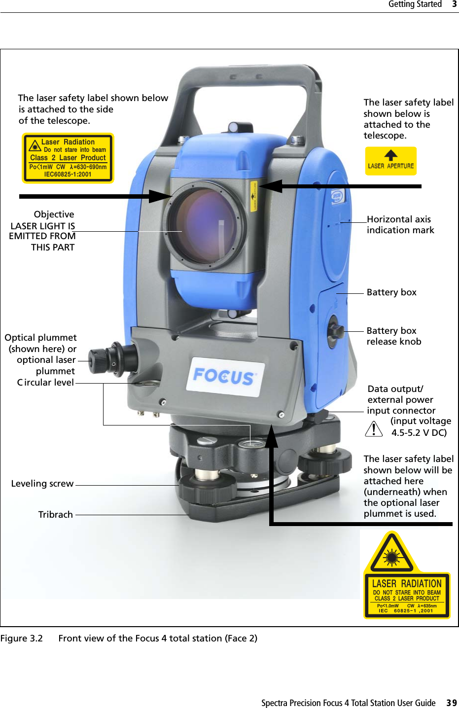 Spectra Precision Focus 4 Total Station User Guide     39Getting Started     3Figure 3.2 Front view of the Focus 4 total station (Face 2)ObjectiveThe laser safety label shown below is attached to the side LASER LIGHT IS THIS PARTEMITTED FROMData output/input connector(input voltage 4.5-5.2 V DC)PoɃ1mW  CW  Ё=630-690nmClass  2  Laser  ProductDo  not  stare  into  beamLaser  RadiationIEC60825-1:2001Optical plummet of the telescope.The laser safety label shown below is attached to the telescope.Horizontal axis indication markBattery boxBattery box release knobexternal powerThe laser safety labelshown below will beattached here ircular levelC(underneath) when  the optional laser plummet is used.Po&lt;1.0mW       CW  Ё=635nmIEC   60825-1 ,2001LASER  RADIATIONDO  NOT  STARE  INTO  BEAMCLASS  2  LASER  PRODUCTLeveling screwTribrach(shown here) oroptional laserplummet