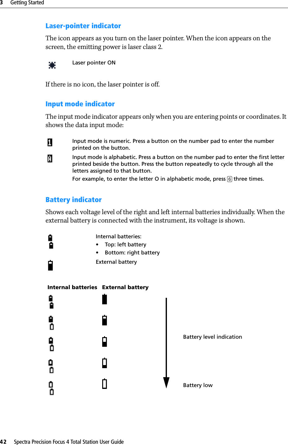 3     Getting Started42     Spectra Precision Focus 4 Total Station User GuideLaser-pointer indicatorThe icon appears as you turn on the laser pointer. When the icon appears on the screen, the emitting power is laser class 2.If there is no icon, the laser pointer is off.Input mode indicatorThe input mode indicator appears only when you are entering points or coordinates. It shows the data input mode:Battery indicatorShows each voltage level of the right and left internal batteries individually. When the external battery is connected with the instrument, its voltage is shown.Laser pointer ONInput mode is numeric. Press a button on the number pad to enter the number printed on the button.Input mode is alphabetic. Press a button on the number pad to enter the first letter printed beside the button. Press the button repeatedly to cycle through all the letters assigned to that button. For example, to enter the letter O in alphabetic mode, press [6] three times.Internal batteries:• Top: left battery• Bottom: right batteryExternal batteryInternal batteries External batteryBattery level indicationBattery low