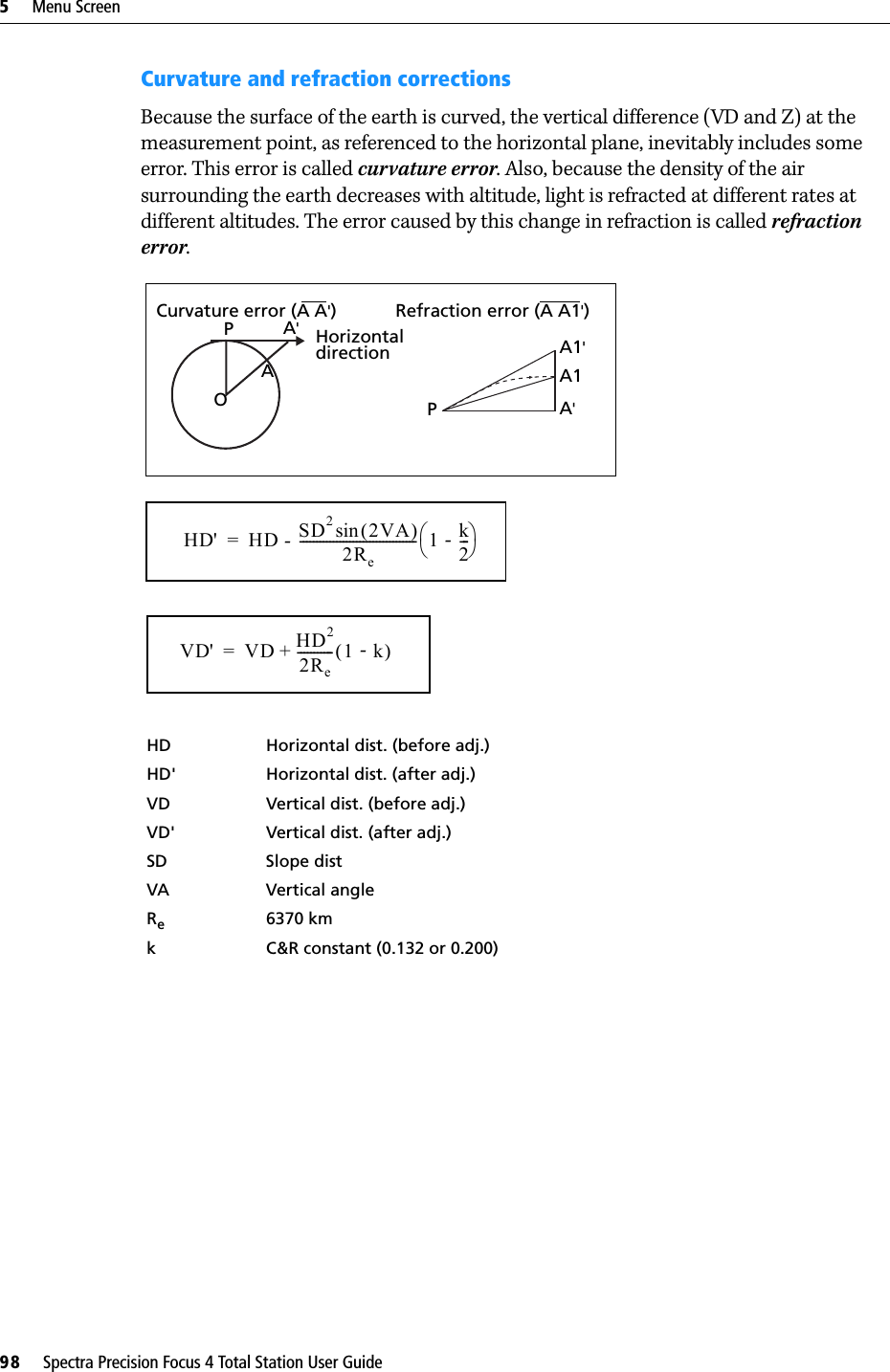 5     Menu Screen98     Spectra Precision Focus 4 Total Station User GuideCurvature and refraction correctionsBecause the surface of the earth is curved, the vertical difference (VD and Z) at the measurement point, as referenced to the horizontal plane, inevitably includes some error. This error is called curvature error. Also, because the density of the air surrounding the earth decreases with altitude, light is refracted at different rates at different altitudes. The error caused by this change in refraction is called refraction error.HD Horizontal dist. (before adj.)HD&apos; Horizontal dist. (after adj.)VD Vertical dist. (before adj.)VD&apos; Vertical dist. (after adj.)SD Slope distVA Vertical angleRe6370 kmk C&amp;R constant (0.132 or 0.200)Curvature error (A A&apos;)Refraction error (A A1&apos;)PA&apos;HorizontaldirectionAOPA1&apos;A1A&apos;HD&apos; HD SD22VA()sin2Re----------------------------------- 1 k2---=--VD&apos; VD HD22Re-----------1 k()+= -