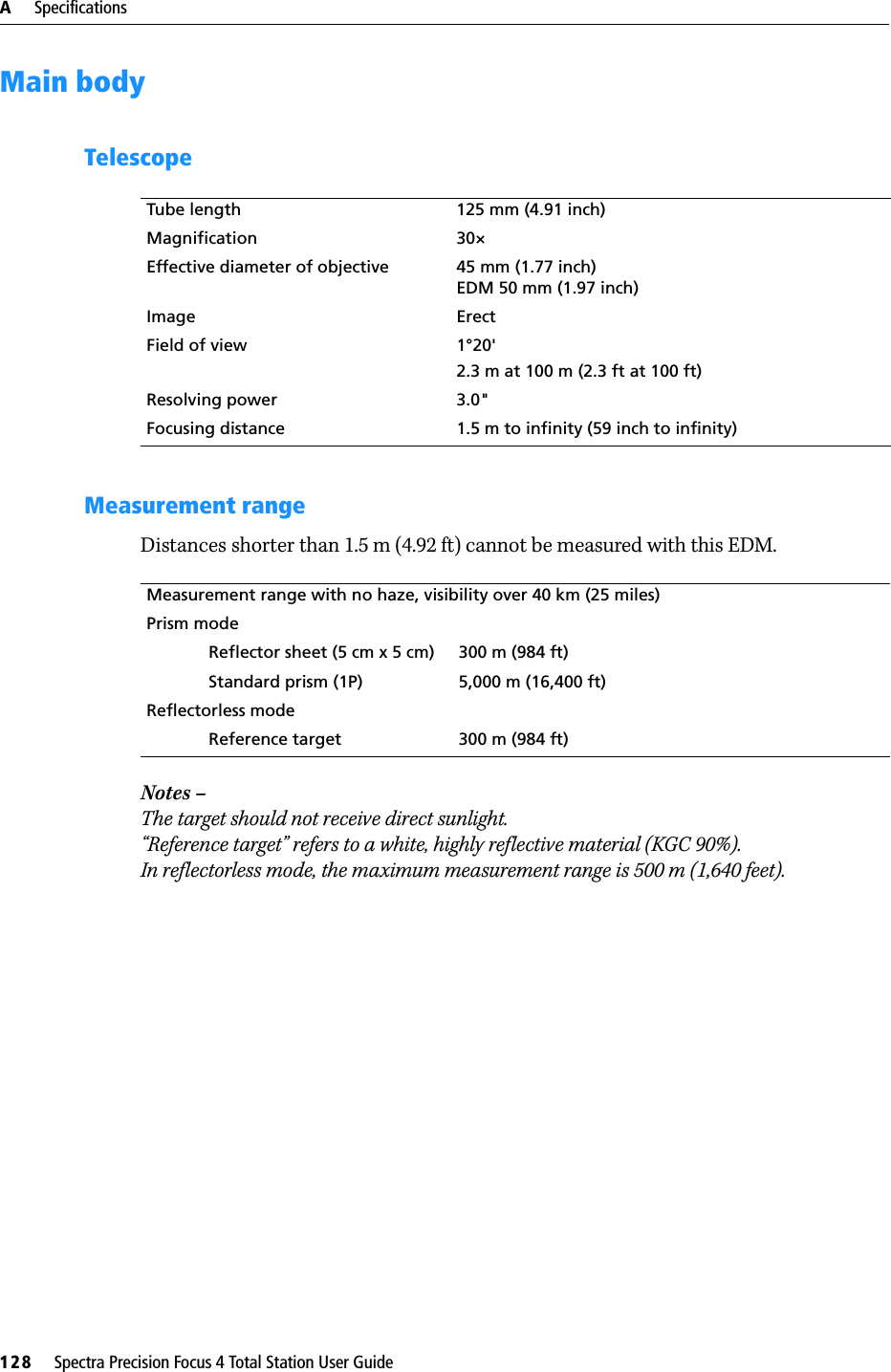 A     Specifications128     Spectra Precision Focus 4 Total Station User GuideMain bodyTelescopeMeasurement rangeDistances shorter than 1.5 m (4.92 ft) cannot be measured with this EDM.Notes – The target should not receive direct sunlight. “Reference target” refers to a white, highly reflective material (KGC 90%).In reflectorless mode, the maximum measurement range is 500 m (1,640 feet).Tube length 125 mm (4.91 inch)Magnification 30×Effective diameter of objective 45 mm (1.77 inch)EDM 50 mm (1.97 inch)Image ErectField of view 1°20&apos;2.3 m at 100 m (2.3 ft at 100 ft)Resolving power 3.0&quot;Focusing distance 1.5 m to infinity (59 inch to infinity)Measurement range with no haze, visibility over 40 km (25 miles)Prism modeReflector sheet (5 cm x 5 cm) 300 m (984 ft)Standard prism (1P) 5,000 m (16,400 ft)Reflectorless modeReference target 300 m (984 ft)