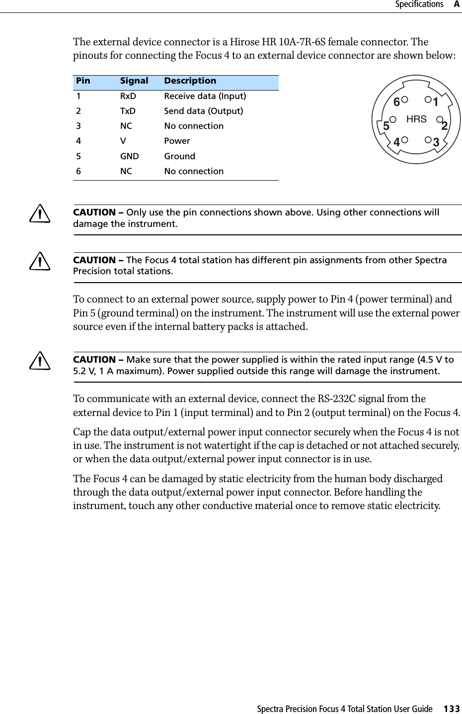 Spectra Precision Focus 4 Total Station User Guide     133Specifications     AThe external device connector is a Hirose HR 10A-7R-6S female connector. The pinouts for connecting the Focus 4 to an external device connector are shown below:CCAUTION – Only use the pin connections shown above. Using other connections will damage the instrument.CCAUTION – The Focus 4 total station has different pin assignments from other Spectra Precision total stations.To connect to an external power source, supply power to Pin 4 (power terminal) and Pin 5 (ground terminal) on the instrument. The instrument will use the external power source even if the internal battery packs is attached.CCAUTION – Make sure that the power supplied is within the rated input range (4.5 V to 5.2 V, 1 A maximum). Power supplied outside this range will damage the instrument.To communicate with an external device, connect the RS-232C signal from the external device to Pin 1 (input terminal) and to Pin 2 (output terminal) on the Focus 4.Cap the data output/external power input connector securely when the Focus 4 is not in use. The instrument is not watertight if the cap is detached or not attached securely, or when the data output/external power input connector is in use.The Focus 4 can be damaged by static electricity from the human body discharged through the data output/external power input connector. Before handling the instrument, touch any other conductive material once to remove static electricity.Pin Signal Description1 RxD Receive data (Input)2 TxD Send data (Output)3 NC No connection4VPower5 GND Ground6 NC No connectionHRS162534