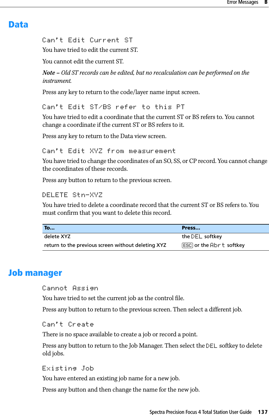 Spectra Precision Focus 4 Total Station User Guide     137Error Messages     BDataCan&apos;t Edit Current STYou have tried to edit the current ST.  You cannot edit the current ST. Note – Old ST records can be edited, but no recalculation can be performed on the instrument.Press any key to return to the code/layer name input screen.Can&apos;t Edit ST/BS refer to this PTYou have tried to edit a coordinate that the current ST or BS refers to. You cannot change a coordinate if the current ST or BS refers to it.Press any key to return to the Data view screen.Can&apos;t Edit XYZ from measurementYou have tried to change the coordinates of an SO, SS, or CP record. You cannot change the coordinates of these records. Press any button to return to the previous screen.DELETE Stn-XYZYou have tried to delete a coordinate record that the current ST or BS refers to. You must confirm that you want to delete this record.Job managerCannot AssignYou have tried to set the current job as the control file.Press any button to return to the previous screen. Then select a different job.Can&apos;t CreateThere is no space available to create a job or record a point.Press any button to return to the Job Manager. Then select the DEL softkey to delete old jobs.Existing JobYou have entered an existing job name for a new job.Press any button and then change the name for the new job.To... Press...delete XYZ the DEL softkeyreturn to the previous screen without deleting XYZ [ESC] or the Abrt softkey