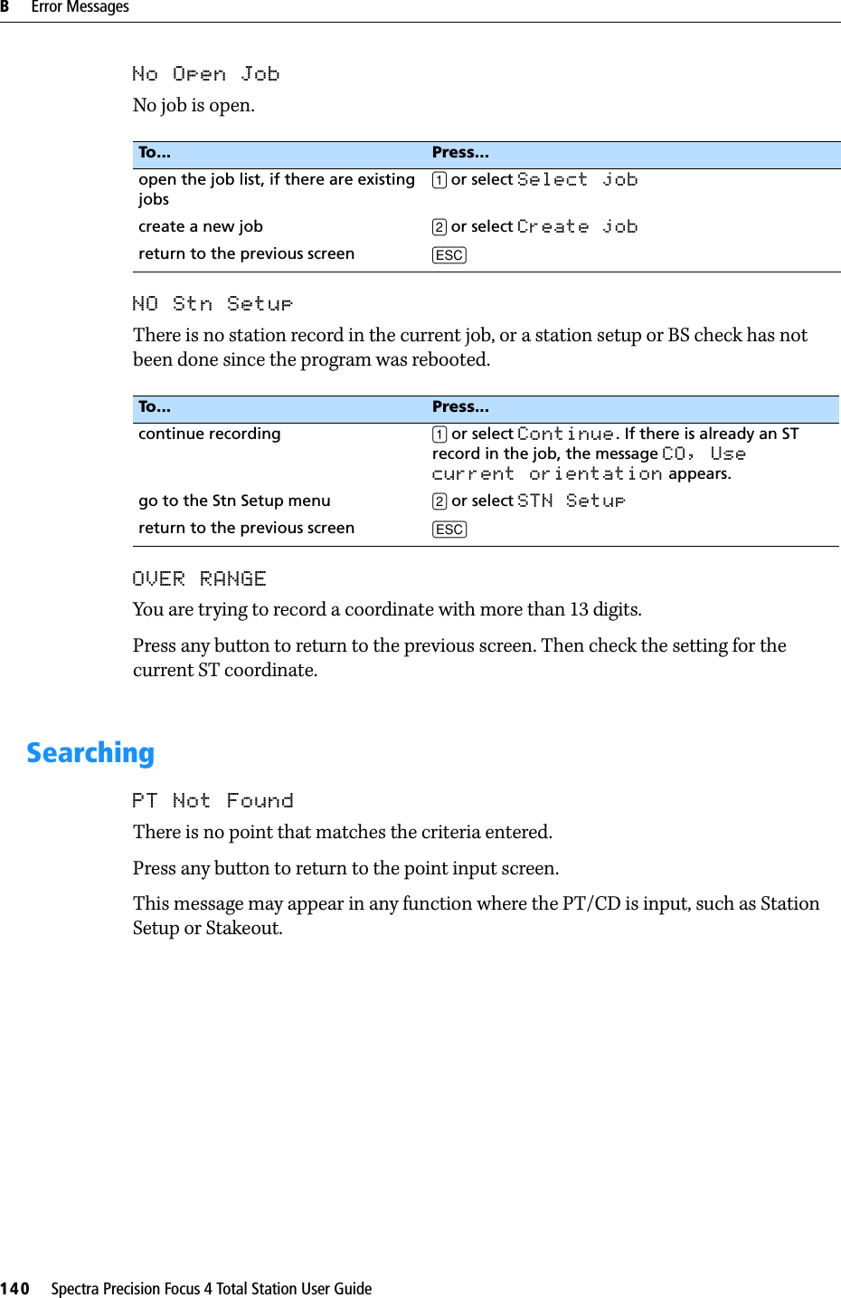 B     Error Messages140     Spectra Precision Focus 4 Total Station User GuideNo Open JobNo job is open.NO Stn SetupThere is no station record in the current job, or a station setup or BS check has not been done since the program was rebooted.OVER RANGEYou are trying to record a coordinate with more than 13 digits.Press any button to return to the previous screen. Then check the setting for the current ST coordinate.SearchingPT Not FoundThere is no point that matches the criteria entered.Press any button to return to the point input screen.This message may appear in any function where the PT/CD is input, such as Station Setup or Stakeout.To...  Press...open the job list, if there are existing jobs[1] or select Select jobcreate a new job [2] or select Create jobreturn to the previous screen [ESC]To... Press...continue recording [1] or select Continue. If there is already an ST record in the job, the message CO, Use current orientation appears.go to the Stn Setup menu [2] or select STN Setupreturn to the previous screen [ESC]