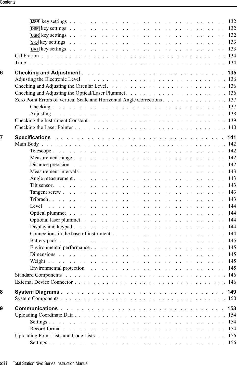 Contentsxii     Total Station Nivo Series Instruction Manual[MSR] key settings  .  .    .  .    .  .    .  .    .  .    .  .    .  .    .  .    .  .    .  .    .  .    .  .    .  .    .  .    .  .    132[DSP] key settings   .  .    .  .    .  .    .  .    .  .    .  .    .  .    .  .    .  .    .  .    .  .    .  .    .  .    .  .    .  .   132[USR] key settings  .  .    .  .    .  .    .  .    .  .    .  .    .  .    .  .    .  .    .  .    .  .    .  .    .  .    .  .    .  .   132[S-O] key settings    .  .    .  .    .  .    .  .    .  .    .  .    .  .    .  .    .  .    .  .    .  .    .  .    .  .    .  .    .  .   133[DAT] key settings   .  .    .  .    .  .    .  .    .  .    .  .    .  .    .  .    .  .    .  .    .  .    .  .    .  .    .  .    .  .   133Calibration  .   .  .   .  .   .  .   .  .   .  .   .  .   .  .   .  .   .  .   .  .   .  .   .  .   .  .   .  .   .  .   .  .   .  .   .  .   .  .   .   134Time  .  .   .  .   .  .   .  .   .  .   .  .   .  .   .  .   .  .   .  .   .  .   .  .   .  .   .  .   .  .   .  .   .  .   .  .   .  .   .  .   .  .   .   1346 Checking and Adjustment .   .  .   .  .   .  .   .  .   .  .   .  .   .  .   .  .   .  .   .  .   .  .   .  .   .  .   .   135Adjusting the Electronic Level   .  .   .  .   .  .   .  .   .  .   .  .   .  .   .  .   .  .   .  .   .  .   .  .   .  .   .  .   .  .   .  136Checking and Adjusting the Circular Level.   .  .   .  .   .  .   .  .   .  .   .  .   .  .   .  .   .  .   .  .   .  .   .  .   .   136Checking and Adjusting the Optical/Laser Plummet.   .  .   .  .   .  .   .  .   .  .   .  .   .  .   .  .   .  .   .  .   .  136Zero Point Errors of Vertical Scale and Horizontal Angle Corrections .   .  .   .  .   .  .   .  .   .  .   .  .   .  137Checking  .    .  .    .  .    .  .    .  .    .  .    .  .    .  .    .  .    .  .    .  .    .  .    .  .    .  .    .  .    .  .    .  .    137Adjusting .    .  .    .  .    .  .    .  .    .  .    .  .    .  .    .  .    .  .    .  .    .  .    .  .    .  .    .  .    .  .    .  .   138Checking the Instrument Constant .   .  .   .  .   .  .   .  .   .  .   .  .   .  .   .  .   .  .   .  .   .  .   .  .   .  .   .  .   .   139Checking the Laser Pointer  .  .   .  .   .  .   .  .   .  .   .  .   .  .   .  .   .  .   .  .   .  .   .  .   .  .   .  .   .  .   .  .   .  1407 Specifications    .  .   .  .   .  .   .  .   .  .   .  .   .  .   .  .   .  .   .  .   .  .   .  .   .  .   .  .   .  .   .  .   .   141Main Body  .   .  .   .  .   .  .   .  .   .  .   .  .   .  .   .  .   .  .   .  .   .  .   .  .   .  .   .  .   .  .   .  .   .  .   .  .   .  .   .   142Telescope .    .  .    .  .    .  .    .  .    .  .    .  .    .  .    .  .    .  .    .  .    .  .    .  .    .  .    .  .    .  .    .  .    142Measurement range .    .  .    .  .    .  .    .  .    .  .    .  .    .  .    .  .    .  .    .  .    .  .    .  .    .  .    .  .    142Distance precision   .    .  .    .  .    .  .    .  .    .  .    .  .    .  .    .  .    .  .    .  .    .  .    .  .    .  .    .  .   142Measurement intervals .  .    .  .    .  .    .  .    .  .    .  .    .  .    .  .    .  .    .  .    .  .    .  .    .  .    .  .    143Angle measurement .    .  .    .  .    .  .    .  .    .  .    .  .    .  .    .  .    .  .    .  .    .  .    .  .    .  .    .  .    143Tilt sensor.    .  .    .  .    .  .    .  .    .  .    .  .    .  .    .  .    .  .    .  .    .  .    .  .    .  .    .  .    .  .    .  .   143Tangent screw  .    .  .    .  .    .  .    .  .    .  .    .  .    .  .    .  .    .  .    .  .    .  .    .  .    .  .    .  .    .  .   143Tribrach.  .    .  .    .  .    .  .    .  .    .  .    .  .    .  .    .  .    .  .    .  .    .  .    .  .    .  .    .  .    .  .    .  .    143Level     .  .    .  .    .  .    .  .    .  .    .  .    .  .    .  .    .  .    .  .    .  .    .  .    .  .    .  .    .  .    .  .    .  .    144Optical plummet   .  .    .  .    .  .    .  .    .  .    .  .    .  .    .  .    .  .    .  .    .  .    .  .    .  .    .  .    .  .    144Optional laser plummet.  .    .  .    .  .    .  .    .  .    .  .    .  .    .  .    .  .    .  .    .  .    .  .    .  .    .  .   144Display and keypad .    .  .    .  .    .  .    .  .    .  .    .  .    .  .    .  .    .  .    .  .    .  .    .  .    .  .    .  .   144Connections in the base of instrument .  .    .  .    .  .    .  .    .  .    .  .    .  .    .  .    .  .    .  .    .  .   144Battery pack  .  .    .  .    .  .    .  .    .  .    .  .    .  .    .  .    .  .    .  .    .  .    .  .    .  .    .  .    .  .    .  .    145Environmental performance .  .    .  .    .  .    .  .    .  .    .  .    .  .    .  .    .  .    .  .    .  .    .  .    .  .   145Dimensions   .  .    .  .    .  .    .  .    .  .    .  .    .  .    .  .    .  .    .  .    .  .    .  .    .  .    .  .    .  .    .  .   145Weight  .  .    .  .    .  .    .  .    .  .    .  .    .  .    .  .    .  .    .  .    .  .    .  .    .  .    .  .    .  .    .  .    .  .   145Environmental protection     .  .    .  .    .  .    .  .    .  .    .  .    .  .    .  .    .  .    .  .    .  .    .  .    .  .   145Standard Components   .  .   .  .   .  .   .  .   .  .   .  .   .  .   .  .   .  .   .  .   .  .   .  .   .  .   .  .   .  .   .  .   .  .   .  146External Device Connector  .  .   .  .   .  .   .  .   .  .   .  .   .  .   .  .   .  .   .  .   .  .   .  .   .  .   .  .   .  .   .  .   .   1468 System Diagrams .   .  .   .  .   .  .   .  .   .  .   .  .   .  .   .  .   .  .   .  .   .  .   .  .   .  .   .  .   .  .   .   149System Components .   .  .   .  .   .  .   .  .   .  .   .  .   .  .   .  .   .  .   .  .   .  .   .  .   .  .   .  .   .  .   .  .   .  .   .  1509 Communications  .   .  .   .  .   .  .   .  .   .  .   .  .   .  .   .  .   .  .   .  .   .  .   .  .   .  .   .  .   .  .   .   153Uploading Coordinate Data .  .   .  .   .  .   .  .   .  .   .  .   .  .   .  .   .  .   .  .   .  .   .  .   .  .   .  .   .  .   .  .   .   154Settings .  .    .  .    .  .    .  .    .  .    .  .    .  .    .  .    .  .    .  .    .  .    .  .    .  .    .  .    .  .    .  .    .  .    154Record format  .    .  .    .  .    .  .    .  .    .  .    .  .    .  .    .  .    .  .    .  .    .  .    .  .    .  .    .  .    .  .    154Uploading Point Lists and Code Lists  .   .  .   .  .   .  .   .  .   .  .   .  .   .  .   .  .   .  .   .  .   .  .   .  .   .  .   .   156Settings .  .    .  .    .  .    .  .    .  .    .  .    .  .    .  .    .  .    .  .    .  .    .  .    .  .    .  .    .  .    .  .    .  .    156