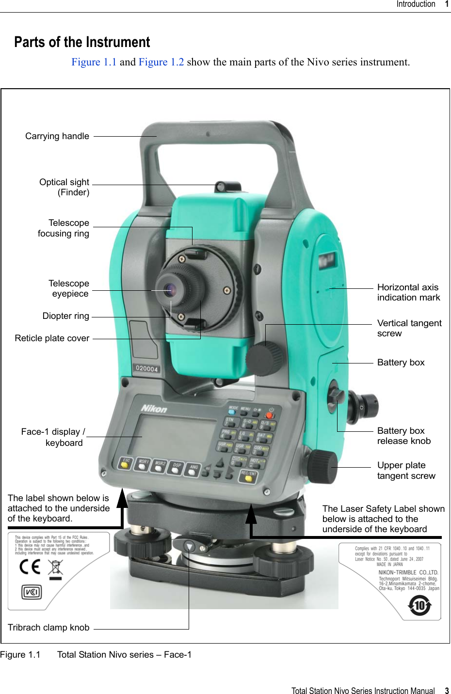 Total Station Nivo Series Instruction Manual     3Introduction     1Parts of the InstrumentFigure 1.1 and Figure 1.2 show the main parts of the Nivo series instrument.Figure 1.1 Total Station Nivo series – Face-1Te l e s c op eTe l e s c op eDiopter ringFace-1 display /Horizontal axis Vertical tangent Battery boxUpper platescrewtangent screwfocusing ring eyepiecekeyboardCarrying handleOptical sight(Finder)Reticle plate coverThe Laser Safety Label shownbelow is attached to the underside of the keyboardTribrach clamp knob Battery box release knobindication markThe label shown below is attached to the underside of the keyboard.