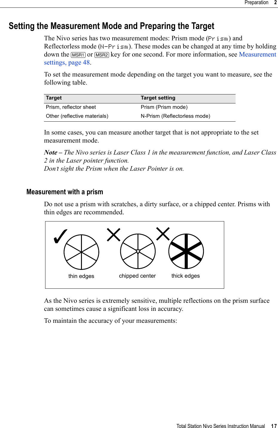 Total Station Nivo Series Instruction Manual     17Preparation     2Setting the Measurement Mode and Preparing the TargetThe Nivo series has two measurement modes: Prism mode (Prism) and Reflectorless mode (N-Prism). These modes can be changed at any time by holding down the [MSR1] or [MSR2] key for one second. For more information, see Measurement settings, page 48.To set the measurement mode depending on the target you want to measure, see the following table. In some cases, you can measure another target that is not appropriate to the set measurement mode.Note – The Nivo series is Laser Class 1 in the measurement function, and Laser Class 2 in the Laser pointer function.Don’t sight the Prism when the Laser Pointer is on.Measurement with a prismDo not use a prism with scratches, a dirty surface, or a chipped center. Prisms with thin edges are recommended.As the Nivo series is extremely sensitive, multiple reflections on the prism surface can sometimes cause a significant loss in accuracy.To maintain the accuracy of your measurements:Target Target settingPrism, reflector sheet Prism (Prism mode)Other (reflective materials) N-Prism (Reflectorless mode)thin edges chipped center thick edges✓✕✕