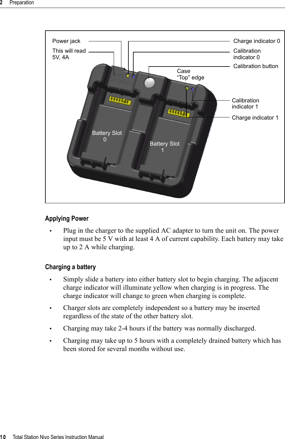 2     Preparation10     Total Station Nivo Series Instruction ManualApplying Power•Plug in the charger to the supplied AC adapter to turn the unit on. The power input must be 5 V with at least 4 A of current capability. Each battery may take up to 2 A while charging.Charging a battery•Simply slide a battery into either battery slot to begin charging. The adjacent charge indicator will illuminate yellow when charging is in progress. The charge indicator will change to green when charging is complete.•Charger slots are completely independent so a battery may be inserted regardless of the state of the other battery slot.•Charging may take 2-4 hours if the battery was normally discharged.•Charging may take up to 5 hours with a completely drained battery which has been stored for several months without use.Charge indicator 0Calibrationindicator 0Calibration buttonCalibrationindicator 1Charge indicator 1Power jackThis will read 5V, 4ACase“Top” edgeBattery Slot         0 Battery Slot         1