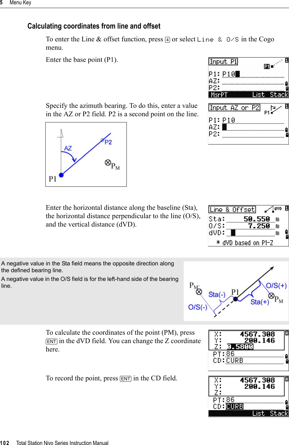 5     Menu Key102     Total Station Nivo Series Instruction ManualCalculating coordinates from line and offsetTo enter the Line &amp; offset function, press [4] or select Line &amp; O/S in the Cogo menu. Enter the base point (P1). Specify the azimuth bearing. To do this, enter a value in the AZ or P2 field. P2 is a second point on the line. Enter the horizontal distance along the baseline (Sta), the horizontal distance perpendicular to the line (O/S), and the vertical distance (dVD).To calculate the coordinates of the point (PM), press [ENT] in the dVD field. You can change the Z coordinate here.To record the point, press [ENT] in the CD field. A negative value in the Sta field means the opposite direction along the defined bearing line.A negative value in the O/S field is for the left-hand side of the bearing line.