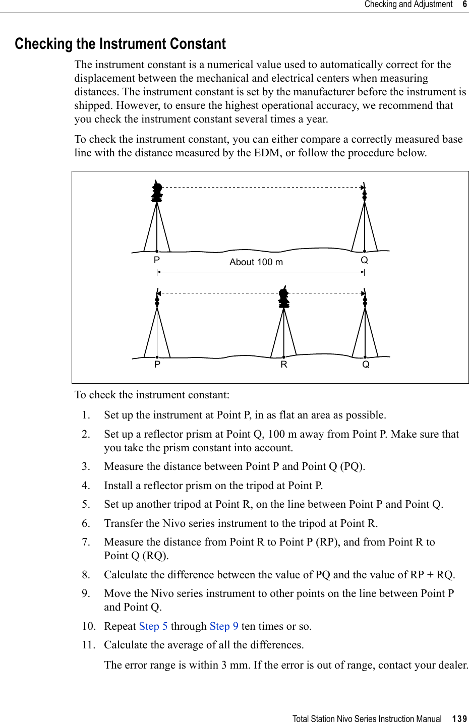 Total Station Nivo Series Instruction Manual     139Checking and Adjustment     6Checking the Instrument ConstantThe instrument constant is a numerical value used to automatically correct for the displacement between the mechanical and electrical centers when measuring distances. The instrument constant is set by the manufacturer before the instrument is shipped. However, to ensure the highest operational accuracy, we recommend that you check the instrument constant several times a year.To check the instrument constant, you can either compare a correctly measured base line with the distance measured by the EDM, or follow the procedure below.To check the instrument constant:1. Set up the instrument at Point P, in as flat an area as possible.2. Set up a reflector prism at Point Q, 100 m away from Point P. Make sure that you take the prism constant into account.3. Measure the distance between Point P and Point Q (PQ).4. Install a reflector prism on the tripod at Point P.5. Set up another tripod at Point R, on the line between Point P and Point Q.6. Transfer the Nivo series instrument to the tripod at Point R.7. Measure the distance from Point R to Point P (RP), and from Point R to Point Q (RQ).8. Calculate the difference between the value of PQ and the value of RP + RQ. 9. Move the Nivo series instrument to other points on the line between Point P and Point Q. 10. Repeat Step 5 through Step 9 ten times or so.11. Calculate the average of all the differences.The error range is within 3 mm. If the error is out of range, contact your dealer.About 100 mPQPRQ