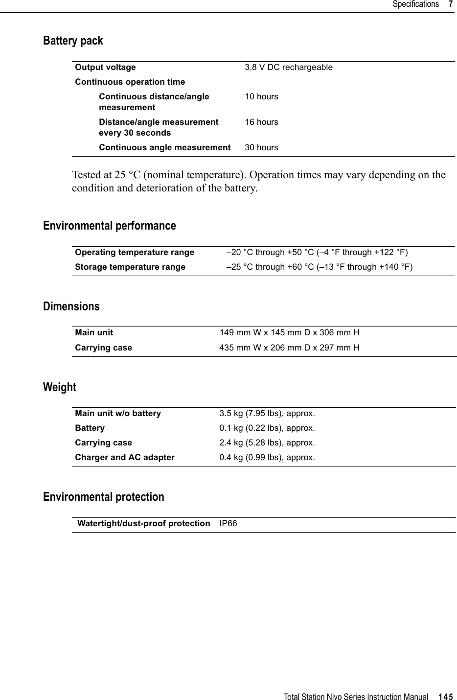 Total Station Nivo Series Instruction Manual     145Specifications     7Battery packTested at 25 °C (nominal temperature). Operation times may vary depending on the condition and deterioration of the battery.Environmental performanceDimensionsWeightEnvironmental protectionOutput voltage 3.8 V DC rechargeableContinuous operation timeContinuous distance/angle measurement10 hoursDistance/angle measurement every 30 seconds16 hoursContinuous angle measurement 30 hoursOperating temperature range –20 °C through +50 °C (–4 °F through +122 °F)Storage temperature range –25 °C through +60 °C (–13 °F through +140 °F)Main unit 149 mm W x 145 mm D x 306 mm HCarrying case 435 mm W x 206 mm D x 297 mm HMain unit w/o battery 3.5 kg (7.95 lbs), approx.Battery 0.1 kg (0.22 lbs), approx.Carrying case 2.4 kg (5.28 lbs), approx.Charger and AC adapter 0.4 kg (0.99 lbs), approx. Watertight/dust-proof protection IP66
