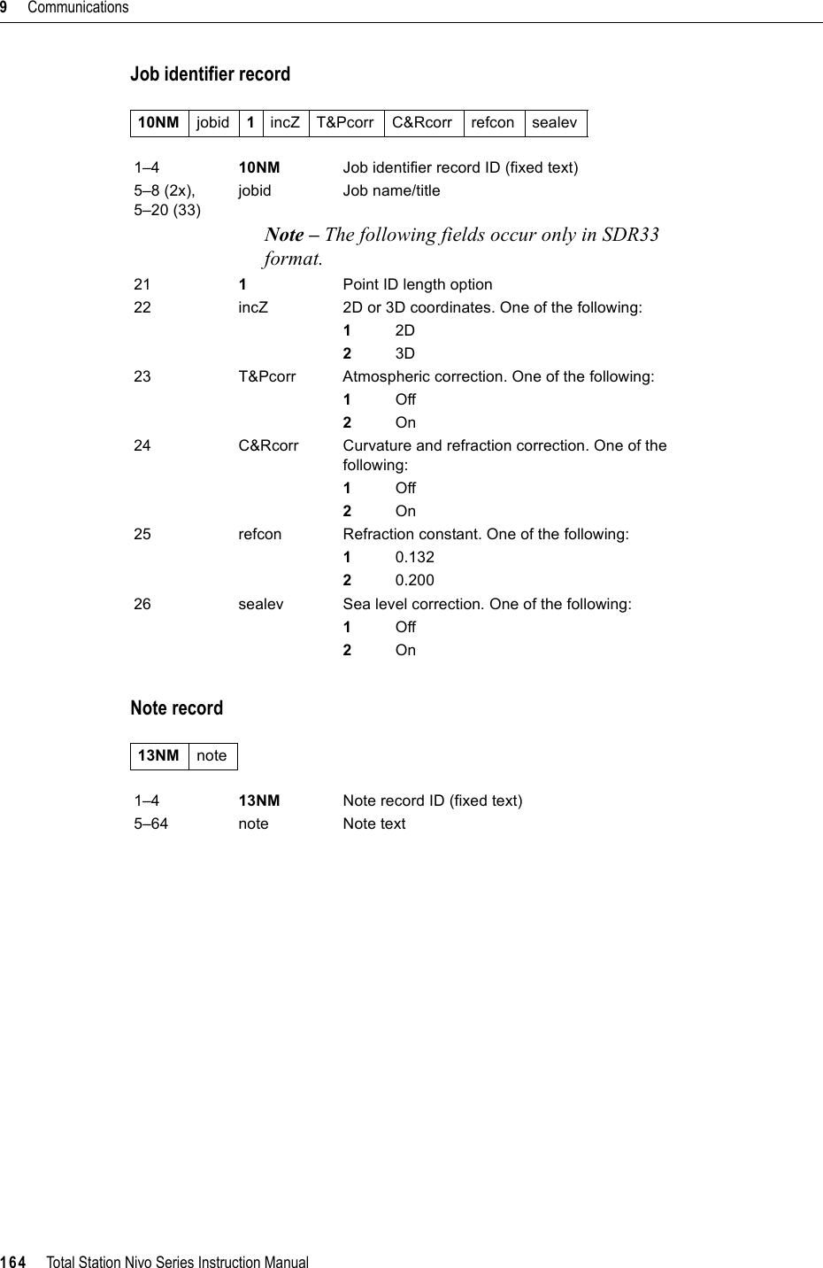 9     Communications164     Total Station Nivo Series Instruction ManualJob identifier recordNote record10NM jobid 1incZ T&amp;Pcorr C&amp;Rcorr refcon sealev1–4 10NM Job identifier record ID (fixed text)5–8 (2x), 5–20 (33)jobid Job name/titleNote – The following fields occur only in SDR33 format.21 1Point ID length option22 incZ 2D or 3D coordinates. One of the following:12D23D23 T&amp;Pcorr Atmospheric correction. One of the following:1Off2On24 C&amp;Rcorr Curvature and refraction correction. One of the following:1Off2On25 refcon Refraction constant. One of the following:10.13220.20026 sealev Sea level correction. One of the following:1Off2On13NM note1–4 13NM Note record ID (fixed text)5–64 note Note text