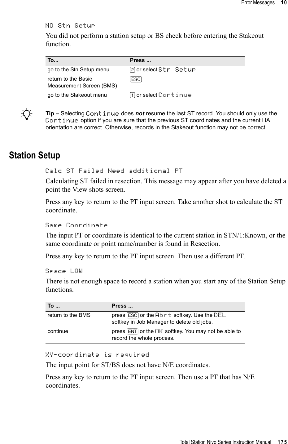 Total Station Nivo Series Instruction Manual     175Error Messages     10NO Stn Setup 100.27You did not perform a station setup or BS check before entering the Stakeout function.BTip – Selecting Continue does not resume the last ST record. You should only use the Continue option if you are sure that the previous ST coordinates and the current HA orientation are correct. Otherwise, records in the Stakeout function may not be correct.Station SetupCalc ST Failed Need additional PT 100.28Calculating ST failed in resection. This message may appear after you have deleted a point the View shots screen.Press any key to return to the PT input screen. Take another shot to calculate the ST coordinate.Same Coordinate 100.29The input PT or coordinate is identical to the current station in STN/1:Known, or the same coordinate or point name/number is found in Resection.Press any key to return to the PT input screen. Then use a different PT.Space LOW 100.30There is not enough space to record a station when you start any of the Station Setup functions.XY-coordinate is required 100.31The input point for ST/BS does not have N/E coordinates.Press any key to return to the PT input screen. Then use a PT that has N/E coordinates.To... Press ...go to the Stn Setup menu [2] or select Stn Setupreturn to the Basic Measurement Screen (BMS)[ESC]go to the Stakeout menu [1] or select ContinueTo ... Press ...return to the BMS press [ESC] or the Abrt softkey. Use the DELsoftkey in Job Manager to delete old jobs.continue press [ENT] or the OK softkey. You may not be able to record the whole process.