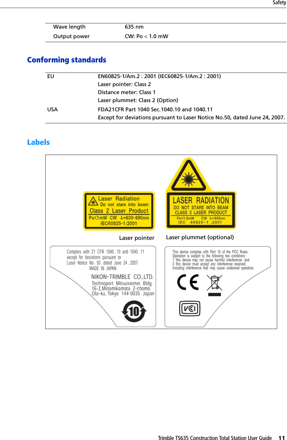 Trimble TS635 Construction Total Station User Guide     11SafetyConforming standardsLabels    Wave length 635 nm    Output power CW: Po &lt; 1.0 mWEU EN60825-1/Am.2 : 2001 (IEC60825-1/Am.2 : 2001)Laser pointer: Class 2Distance meter: Class 1Laser plummet: Class 2 (Option)USA  FDA21CFR Part 1040 Sec.1040.10 and 1040.11Except for deviations pursuant to Laser Notice No.50, dated June 24, 2007.Laser pointer Laser plummet (optional)