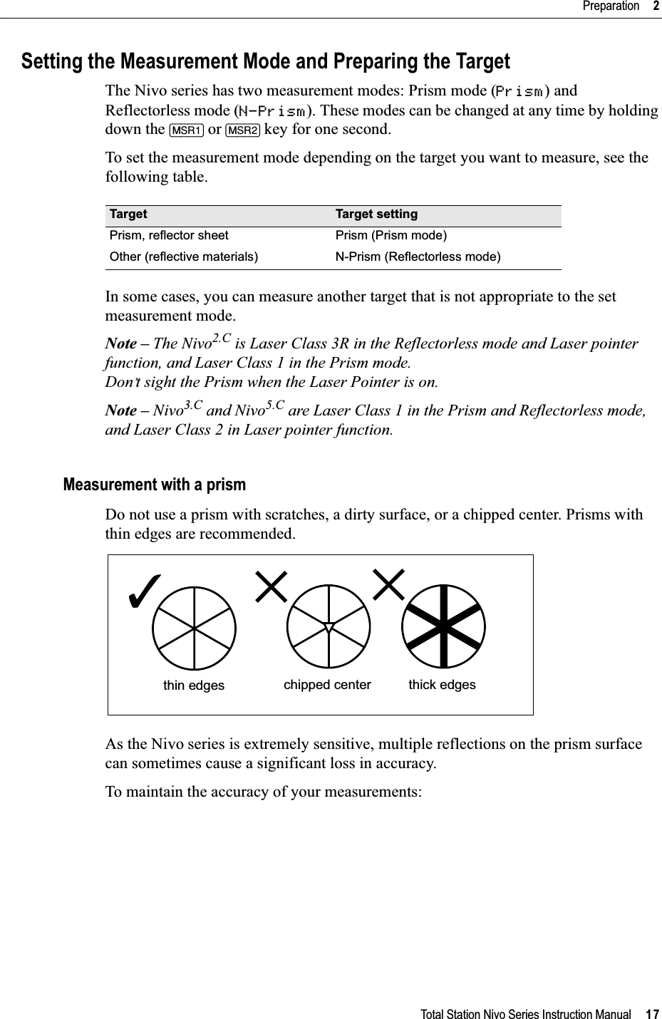 Total Station Nivo Series Instruction Manual     17Preparation     2Setting the Measurement Mode and Preparing the TargetThe Nivo series has two measurement modes: Prism mode (Prism) and Reflectorless mode (N-Prism). These modes can be changed at any time by holding down the [MSR1] or [MSR2] key for one second.To set the measurement mode depending on the target you want to measure, see the following table. In some cases, you can measure another target that is not appropriate to the set measurement mode.Note – The Nivo2.C is Laser Class 3R in the Reflectorless mode and Laser pointer function, and Laser Class 1 in the Prism mode.Don’t sight the Prism when the Laser Pointer is on.Note – Nivo3.C and Nivo5.C are Laser Class 1 in the Prism and Reflectorless mode, and Laser Class 2 in Laser pointer function.Measurement with a prismDo not use a prism with scratches, a dirty surface, or a chipped center. Prisms with thin edges are recommended.As the Nivo series is extremely sensitive, multiple reflections on the prism surface can sometimes cause a significant loss in accuracy.To maintain the accuracy of your measurements:Target Target settingPrism, reflector sheet Prism (Prism mode)Other (reflective materials) N-Prism (Reflectorless mode)thin edges chipped center thick edges✓✕✕