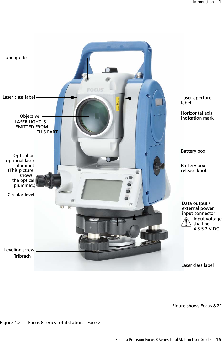 Spectra Precision Focus 8 Series Total Station User Guide     15Introduction     1Figure 1.2 Focus 8 series total station – Face-2Horizontal axisindication markObjectiveBattery box LASER LIGHT ISEMITTED FROMTHIS PART.Data output /external powerinput connectorInput voltageshall be Circular levelBattery boxrelease knobLeveling screwTribrachLaser class labelOptical or optional laser plummet (This picture shows the optical plummet.)4.5-5.2 V DCFigure shows Focus 8 2&quot;Laser aperture Laser class labelLumi guideslabel