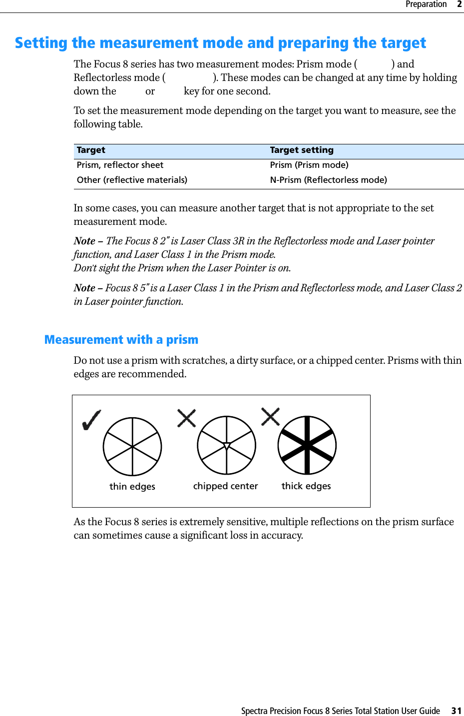 Spectra Precision Focus 8 Series Total Station User Guide     31Preparation     2Setting the measurement mode and preparing the targetThe Focus 8 series has two measurement modes: Prism mode () and Reflectorless mode (). These modes can be changed at any time by holding down the  or  key for one second.To set the measurement mode depending on the target you want to measure, see the following table. In some cases, you can measure another target that is not appropriate to the set measurement mode.Note – The Focus 8 2&quot; is Laser Class 3R in the Reflectorless mode and Laser pointer function, and Laser Class 1 in the Prism mode.Don’t sight the Prism when the Laser Pointer is on.Note – Focus 8 5&quot; is a Laser Class 1 in the Prism and Reflectorless mode, and Laser Class 2 in Laser pointer function.Measurement with a prismDo not use a prism with scratches, a dirty surface, or a chipped center. Prisms with thin edges are recommended. As the Focus 8 series is extremely sensitive, multiple reflections on the prism surface can sometimes cause a significant loss in accuracy.Target Target settingPrism, reflector sheet Prism (Prism mode)Other (reflective materials) N-Prism (Reflectorless mode)thin edges chipped center thick edges