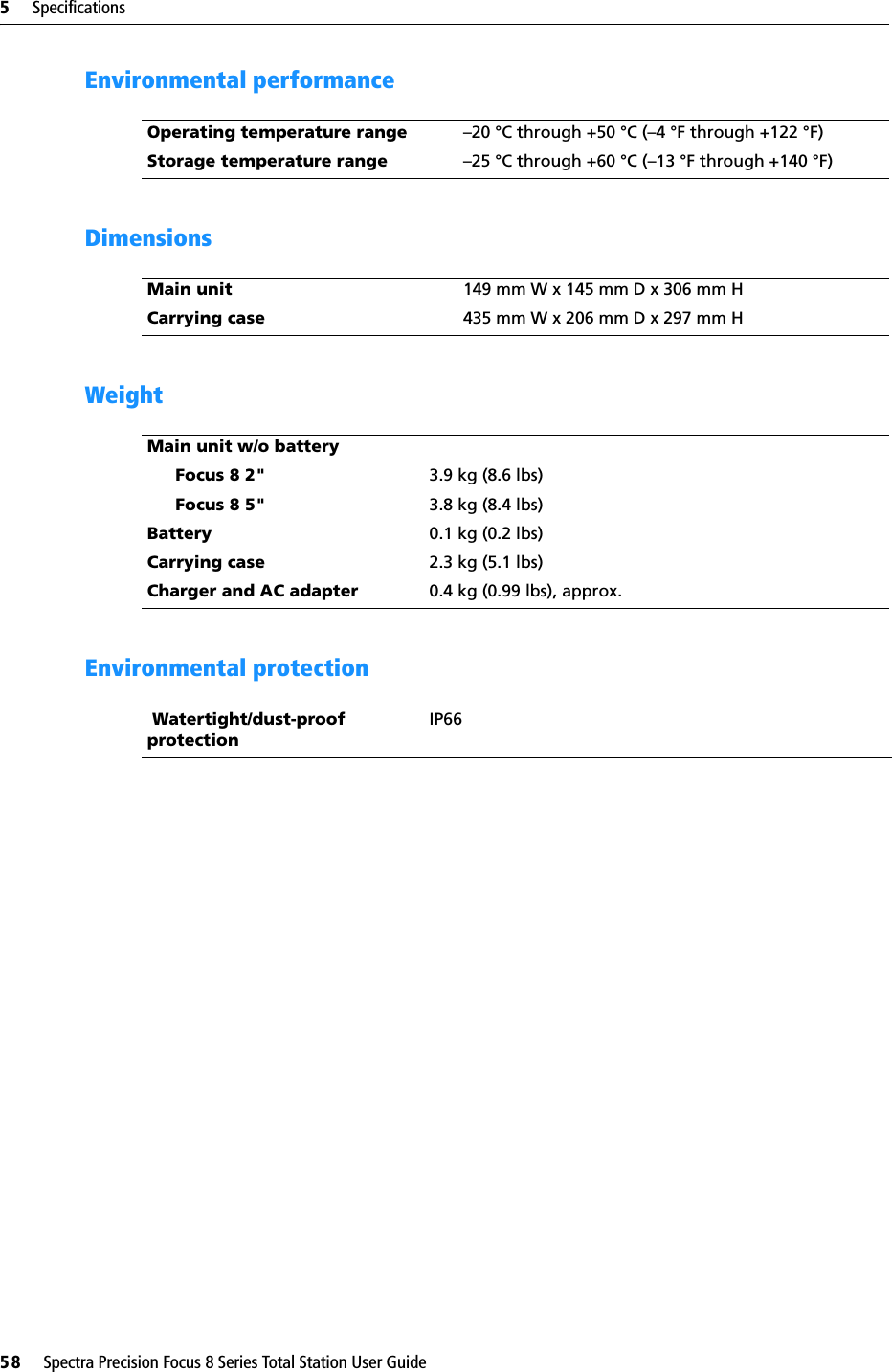 5     Specifications58     Spectra Precision Focus 8 Series Total Station User GuideEnvironmental performanceDimensionsWeightEnvironmental protectionOperating temperature range –20 °C through +50 °C (–4 °F through +122 °F)Storage temperature range –25 °C through +60 °C (–13 °F through +140 °F)Main unit 149 mm W x 145 mm D x 306 mm HCarrying case 435 mm W x 206 mm D x 297 mm HMain unit w/o batteryFocus 8 2&quot; 3.9 kg (8.6 lbs)Focus 8 5&quot; 3.8 kg (8.4 lbs)Battery 0.1 kg (0.2 lbs)Carrying case 2.3 kg (5.1 lbs)Charger and AC adapter 0.4 kg (0.99 lbs), approx. Watertight/dust-proof protectionIP66