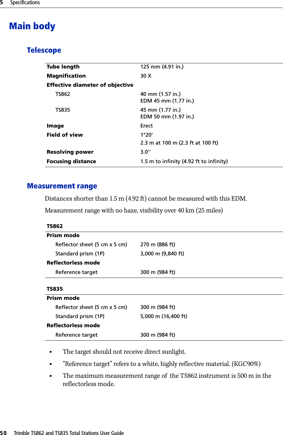 5     Specifications50     Trimble TS862 and TS835 Total Stations User GuideMain bodyTelescopeMeasurement rangeDistances shorter than 1.5 m (4.92 ft) cannot be measured with this EDM.Measurement range with no haze, visibility over 40 km (25 miles)•The target should not receive direct sunlight.•“Reference target” refers to a white, highly reflective material. (KGC90%)•The maximum measurement range of  the TS862 instrument is 500 m in the reflectorless mode.Tube length 125 mm (4.91 in.)Magnification 30 XEffective diameter of objectiveTS862 40 mm (1.57 in.)EDM 45 mm (1.77 in.)TS835 45 mm (1.77 in.)EDM 50 mm (1.97 in.)Image ErectField of view 1°20&apos;2.3 m at 100 m (2.3 ft at 100 ft)Resolving power 3.0&apos;&apos;Focusing distance 1.5 m to infinity (4.92 ft to infinity)TS862Prism modeReflector sheet (5 cm x 5 cm) 270 m (886 ft)Standard prism (1P) 3,000 m (9,840 ft)Reflectorless modeReference target 300 m (984 ft)TS835Prism modeReflector sheet (5 cm x 5 cm) 300 m (984 ft)Standard prism (1P) 5,000 m (16,400 ft)Reflectorless modeReference target 300 m (984 ft)