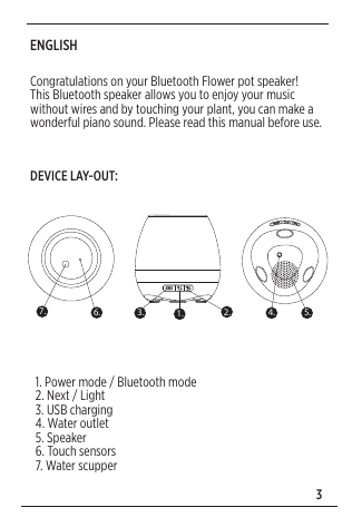 3ENGLISHCongratulations on your Bluetooth Flower pot speaker!This Bluetooth speaker allows you to enjoy your music without wires and by touching your plant, you can make a wonderful piano sound. Please read this manual before use.DEVICE LAY-OUT:1. 2.3. 4. 5.6.7.1. Power mode / Bluetooth mode2. Next / Light3. USB charging4. Water outlet5. Speaker6. Touch sensors7. Water scupper