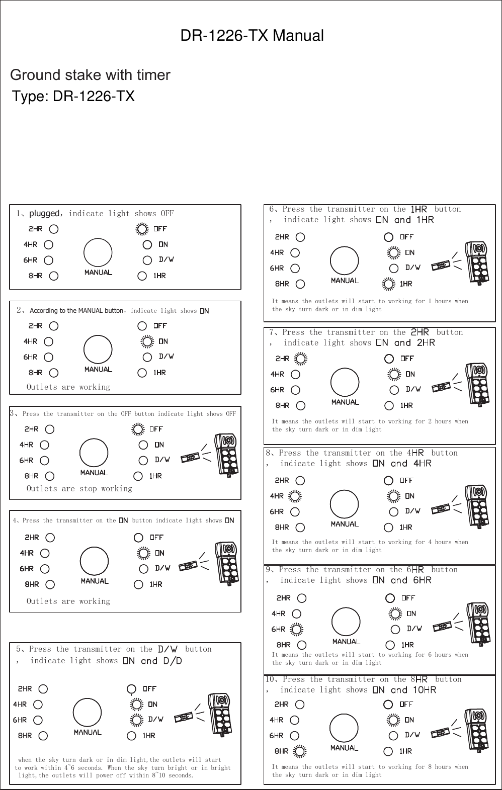 2XWOHWVDUHZRUNLQJ2XWOHWVDUHVWRSZRUNLQJ,W PHDQV WKH RXWOHWV ZLOO VWDUW WR ZRUNLQJ IRU  KRXUV ZKHQWKH VN\ WXUQ GDUN RU LQ GLP OLJKWZKHQWKHVN\WXUQGDUNRULQGLPOLJKWWKHRXWOHWVZLOOVWDUWWR ZRUN ZLWKLQ a VHFRQGV :KHQ WKH VN\ WXUQ EULJKW RU LQ EULJKWOLJKWWKHRXWOHWVZLOOSRZHURIIZLWKLQaVHFRQGV plugged!LQGLFDWHOLJKWVKRZV2)) According to the MANUAL button!LQGLFDWH OLJKW VKRZV 3UHVV WKH WUDQVPLWWHU RQ WKH EXWWRQ LQGLFDWH OLJKW VKRZV 3UHVVWKHWUDQVPLWWHURQWKH2))EXWWRQLQGLFDWHOLJKWVKRZV2)) 3UHVVWKHWUDQVPLWWHURQWKH EXWWRQ!LQGLFDWHOLJKWVKRZV 3UHVVWKHWUDQVPLWWHURQWKH EXWWRQ!LQGLFDWHOLJKWVKRZV 3UHVVWKHWUDQVPLWWHURQWKH EXWWRQ!LQGLFDWHOLJKWVKRZV 3UHVVWKHWUDQVPLWWHURQWKH EXWWRQ!LQGLFDWHOLJKWVKRZV2XWOHWVDUHZRUNLQJ 3UHVVWKHWUDQVPLWWHURQWKH EXWWRQ!LQGLFDWHOLJKWVKRZV,W PHDQV WKH RXWOHWV ZLOO VWDUW WR ZRUNLQJ IRU  KRXUV ZKHQWKH VN\ WXUQ GDUN RU LQ GLP OLJKW 3UHVVWKHWUDQVPLWWHURQWKH EXWWRQ!LQGLFDWHOLJKWVKRZV,W PHDQV WKH RXWOHWV ZLOO VWDUW WR ZRUNLQJ IRU  KRXUV ZKHQWKH VN\ WXUQ GDUN RU LQ GLP OLJKW,W PHDQV WKH RXWOHWV ZLOO VWDUW WR ZRUNLQJ IRU  KRXUV ZKHQWKH VN\ WXUQ GDUN RU LQ GLP OLJKW,W PHDQV WKH RXWOHWV ZLOO VWDUW WR ZRUNLQJ IRU  KRXUV ZKHQWKH VN\ WXUQ GDUN RU LQ GLP OLJKWGround stake with timerDR-1226-TX ManualType: DR-1226-TX