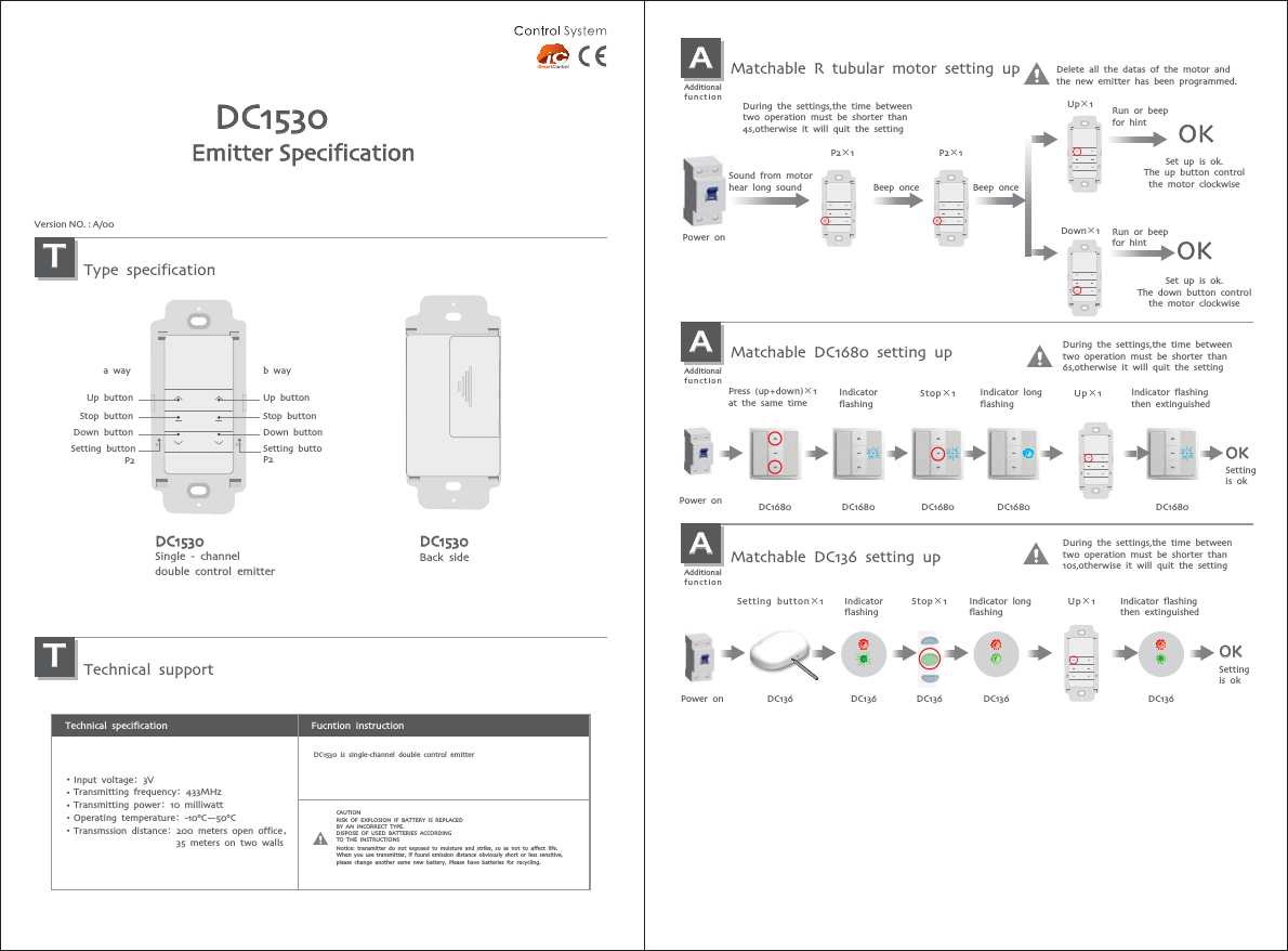 Fucntion instructionTechnical specificationInput voltageᱶ3VTransmitting frequencyᱶ433MHzTransmitting powerᱶ10 milliwattOperating temperatureᱶ-100C—500CTransmssion distanceᱶ200 meters open officeᱨ                      35 meters on two wallsDC1530 is single-channel double control emitterNotice: transmitter do not exposed to moisture and strike, so as not to affect life.When you use transmitter, if found emission distance obviously short or less sensitive, please change another same new battery. Please have batteries for recycling.CAUTIONRISK OF EXPLOSION IF BATTERY IS REPLACEDBY AN INCORRECT TYPE.DISPOSE OF USED BATTERIES ACCORDINGTO THE INSTRUCTIONSDC1530Back sideDC1530Single - channel double control emitterDC1530EmitterSpecificationVersion NO. : A/00Type specificationTTechnical supportTUp buttonStop buttonDown buttonSetting button           P2Up buttonStop buttonDown buttonSetting buttoDuring the settings,the time between two operation must be shorter than4s,otherwise it will quit the settingAAdditionalfunctionAAdditionalfunctionMatchable R tubular motor setting upAAdditionalfunctionMatchable DC1680 setting upMatchable DC136 setting upPower onSound from motorhear long soundPower onPower onPress (up+down)×1 at the same timeIndicatorflashingIndicator long flashingIndicator flashing then extinguishedSettingis okSettingis okDuring the settings,the time between two operation must be shorter than6s,otherwise it will quit the settingDuring the settings,the time between two operation must be shorter than10s,otherwise it will quit the settingUp×1Down×1OKOKDelete all the datas of the motor andthe new emitter has been programmed.Beep once Beep onceSet up is ok.The up button controlthe motor clockwiseSet up is ok.The down button controlthe motor clockwiseSetting button×1OKDC136 DC136 DC136 DC136 DC136Stop×1OKDC1680 DC1680 DC1680 DC1680 DC1680IndicatorflashingIndicator long flashingIndicator flashing then extinguishedStop×1Up×1Run or beepfor hintRun or beepfor hintUp×1P2×1P2×1a way b wayP2