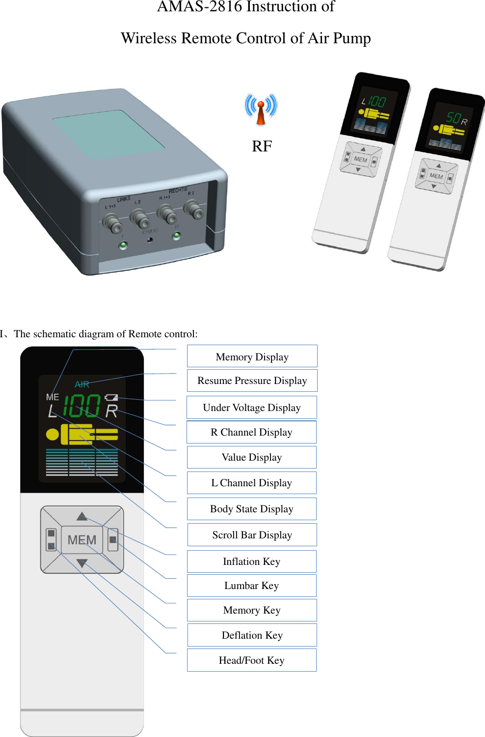 AMAS-2816 Instruction of   Wireless Remote Control of Air Pump                  I、The schematic diagram of Remote control:                                                  Resume Pressure Display Under Voltage Display R Channel Display Value Display Inflation Key Deflation Key Head/Foot Key Lumbar Key Memory Key Memory Display RF L Channel Display Body State Display Scroll Bar Display 