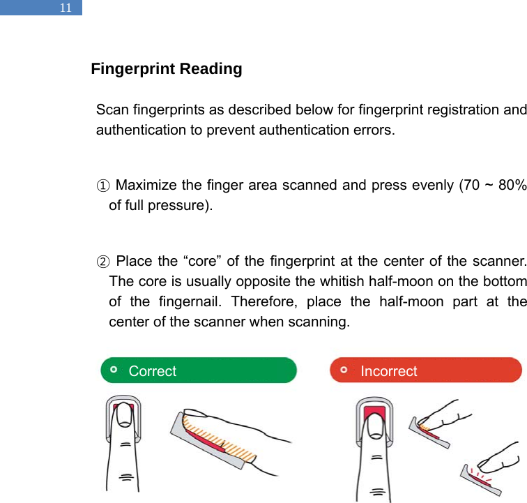   11 Fingerprint Reading  Scan fingerprints as described below for fingerprint registration and authentication to prevent authentication errors.  ① Maximize the finger area scanned and press evenly (70 ~ 80% of full pressure).  ② Place the &ldquo;core&rdquo; of the fingerprint at the center of the scanner. The core is usually opposite the whitish half-moon on the bottom of the fingernail. Therefore, place the half-moon part at the center of the scanner when scanning.         Correct Incorrect