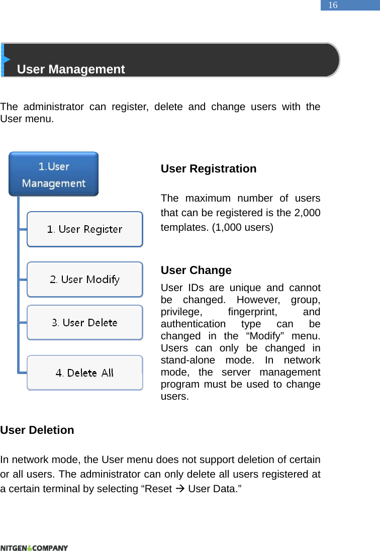   16   User Management  The administrator can register, delete and change users with the User menu.      User Registration  The maximum number of users that can be registered is the 2,000 templates. (1,000 users)   User Change User IDs are unique and cannot be changed. However, group, privilege, fingerprint, and authentication type can be changed in the &ldquo;Modify&rdquo; menu. Users can only be changed in stand-alone mode. In network mode, the server management program must be used to change users.   User Deletion  In network mode, the User menu does not support deletion of certain or all users. The administrator can only delete all users registered at a certain terminal by selecting &ldquo;Reset  User Data.&rdquo;     