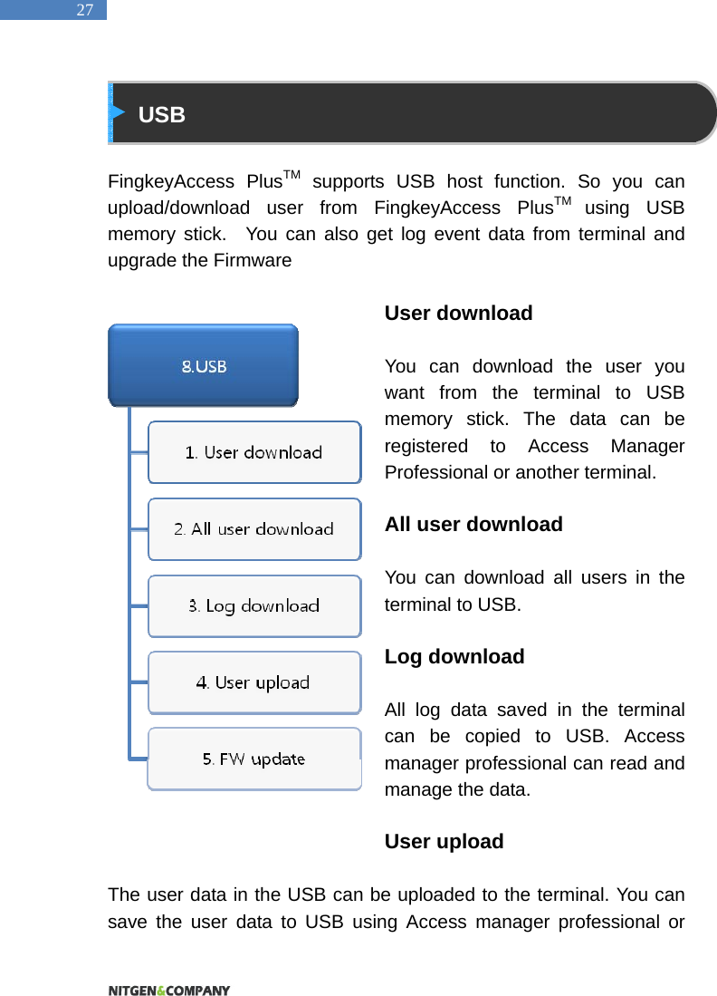   27  USB  FingkeyAccess PlusTM supports USB host function. So you can upload/download user from FingkeyAccess PlusTM  using USB memory stick.  You can also get log event data from terminal and upgrade the Firmware  User download  You can download the user you want from the terminal to USB memory stick. The data can be registered to Access Manager Professional or another terminal.   All user download  You can download all users in the terminal to USB.  Log download  All log data saved in the terminal can be copied to USB. Access manager professional can read and manage the data.  User upload  The user data in the USB can be uploaded to the terminal. You can save the user data to USB using Access manager professional or 