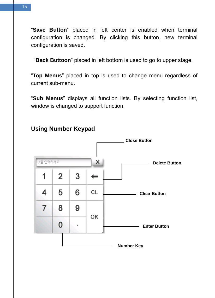    15 &ldquo;Save Button&rdquo; placed in left center is enabled when terminal configuration is changed. By clicking this button, new terminal configuration is saved.   &ldquo;Back Buttoon&rdquo; placed in left bottom is used to go to upper stage.  &ldquo;Top Menus&rdquo; placed in top is used to change menu regardless of current sub-menu.  &ldquo;Sub Menus&rdquo; displays all function lists. By selecting function list, window is changed to support function.   Using Number Keypad                  Enter Button Number Key Close Button Delete Button Clear Button 