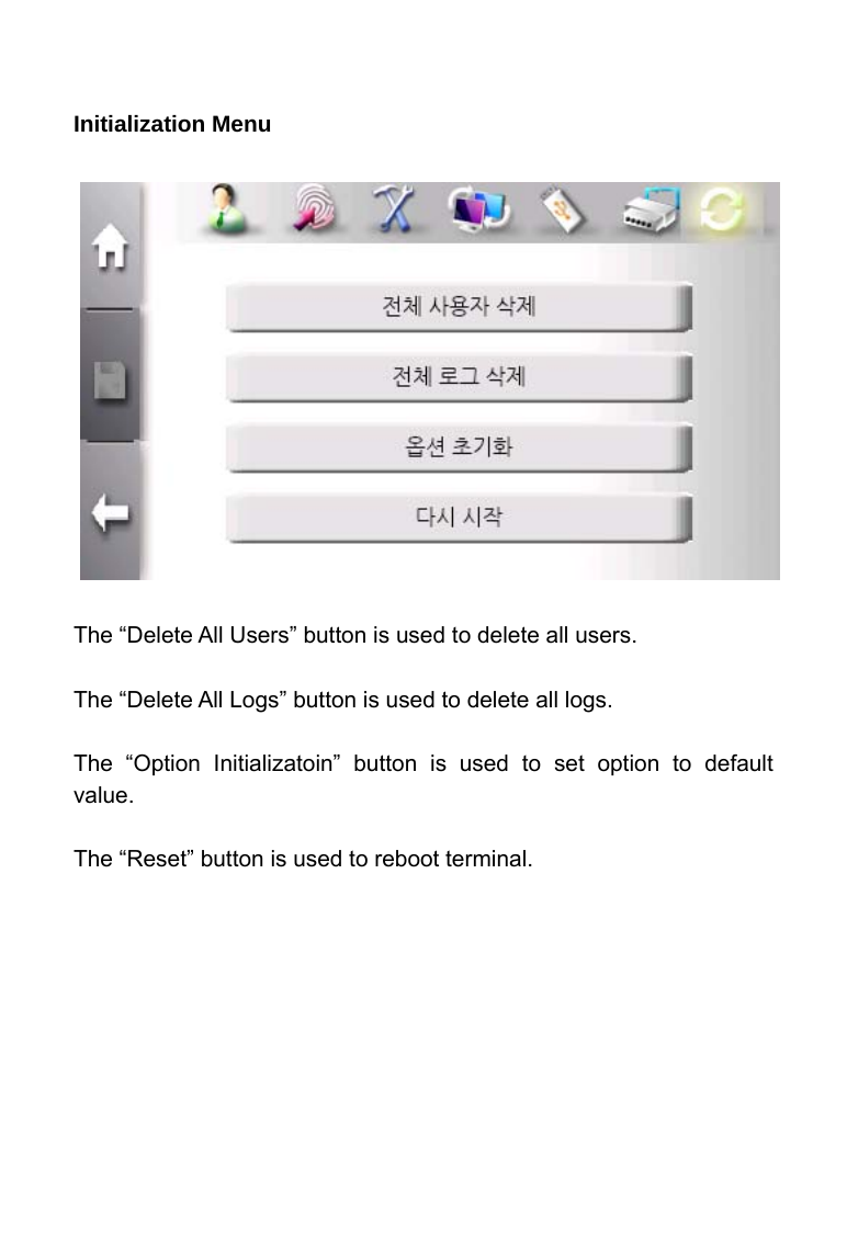     Initialization Menu                The &ldquo;Delete All Users&rdquo; button is used to delete all users.  The &ldquo;Delete All Logs&rdquo; button is used to delete all logs.  The &ldquo;Option Initializatoin&rdquo; button is used to set option to default value.  The &ldquo;Reset&rdquo; button is used to reboot terminal.   